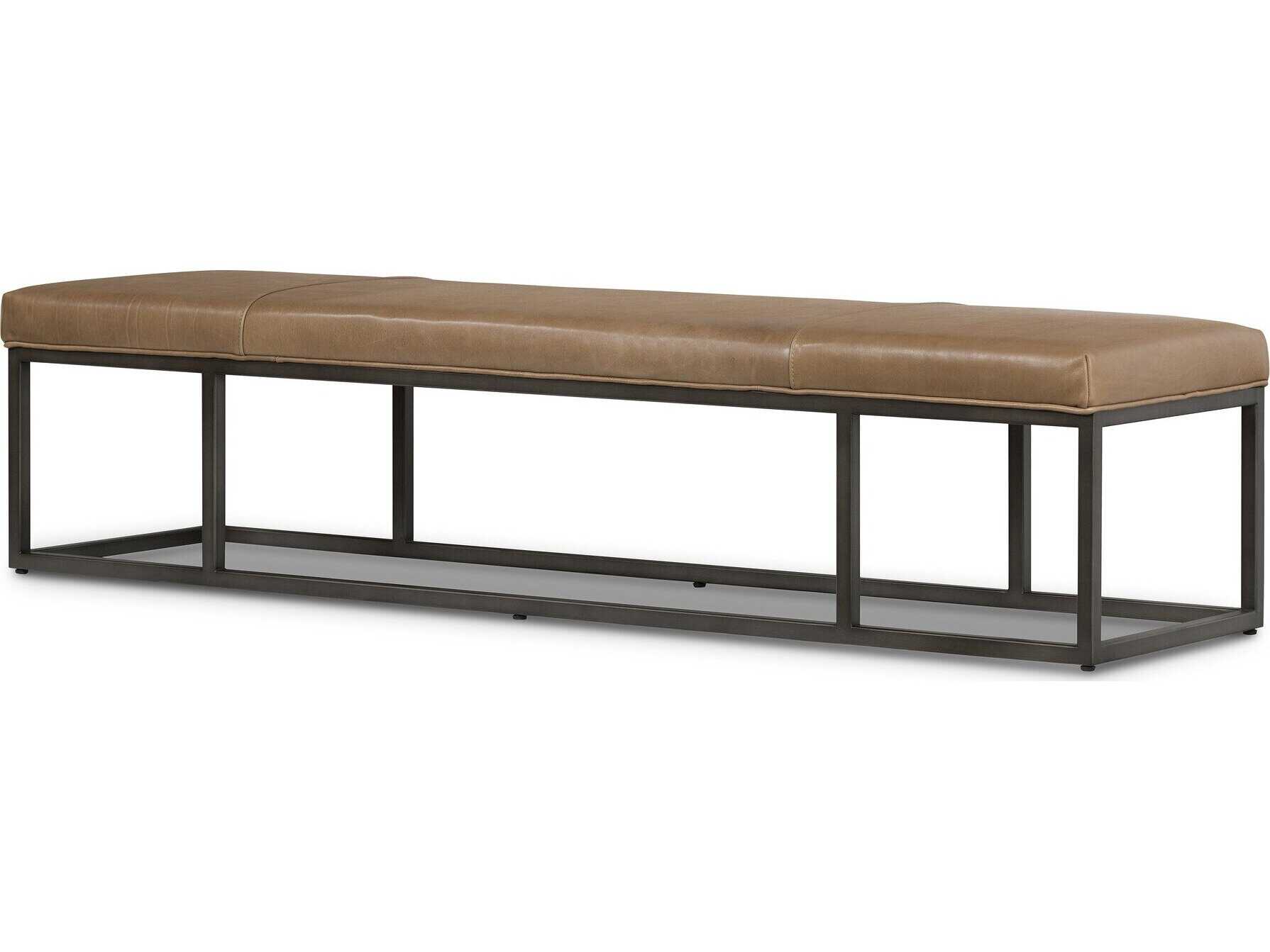 Four Hands Easton Dakota Warm Taupe Light Gunmetal Brown Leather Accent Bench
