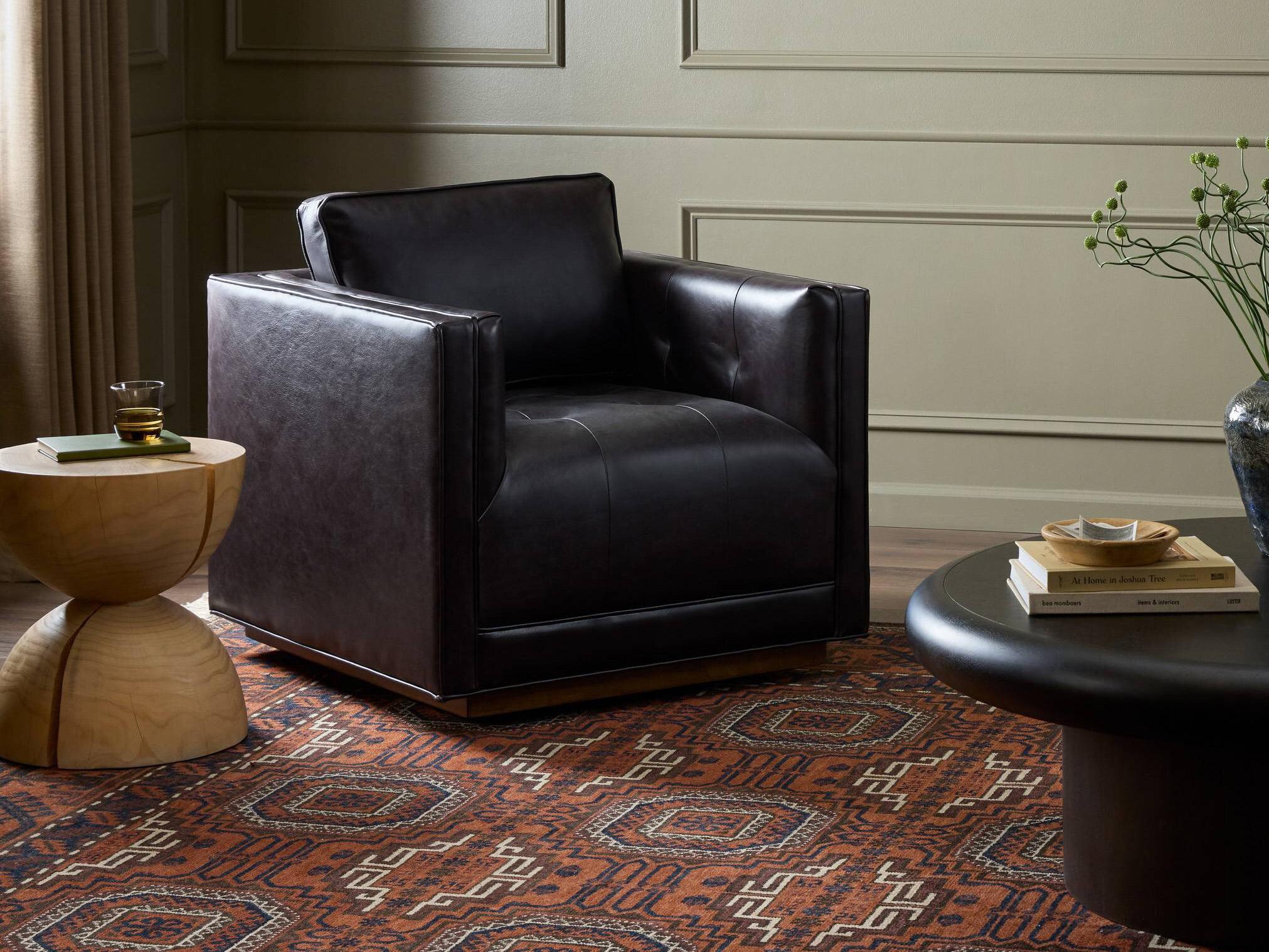 Four Hands Easton Kiera Swivel Black Leather Club Chair