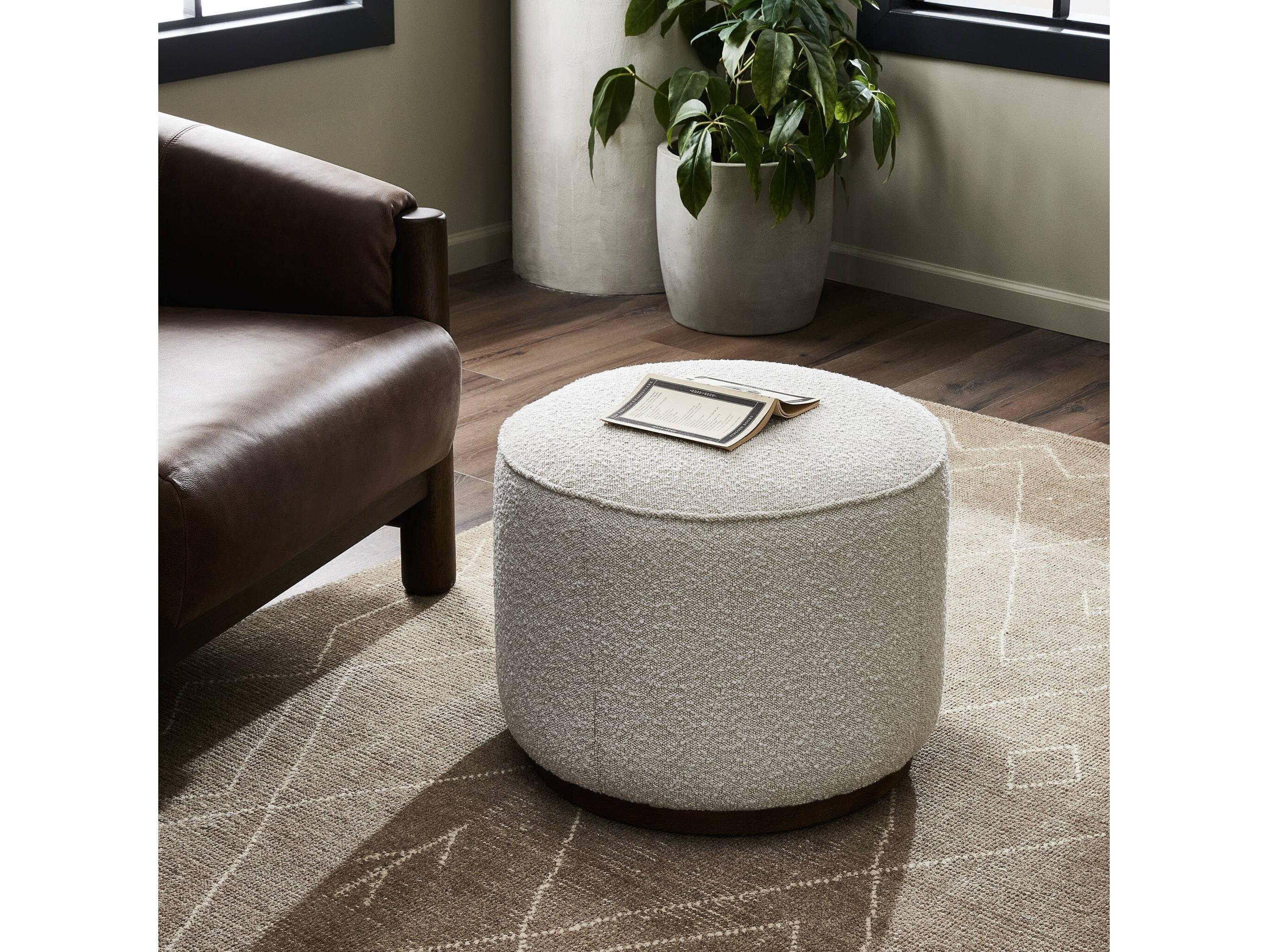 Four Hands Sinclair Westgate Distressed Natural Knoll White Upholstered Ottoman