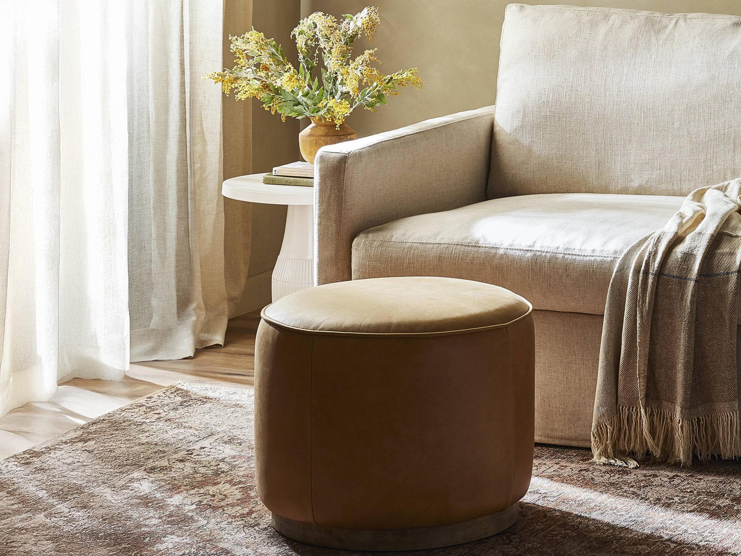 Four Hands Sinclair Westgate Distressed Natural Palermo Butterscotch Brown Leather Ottoman