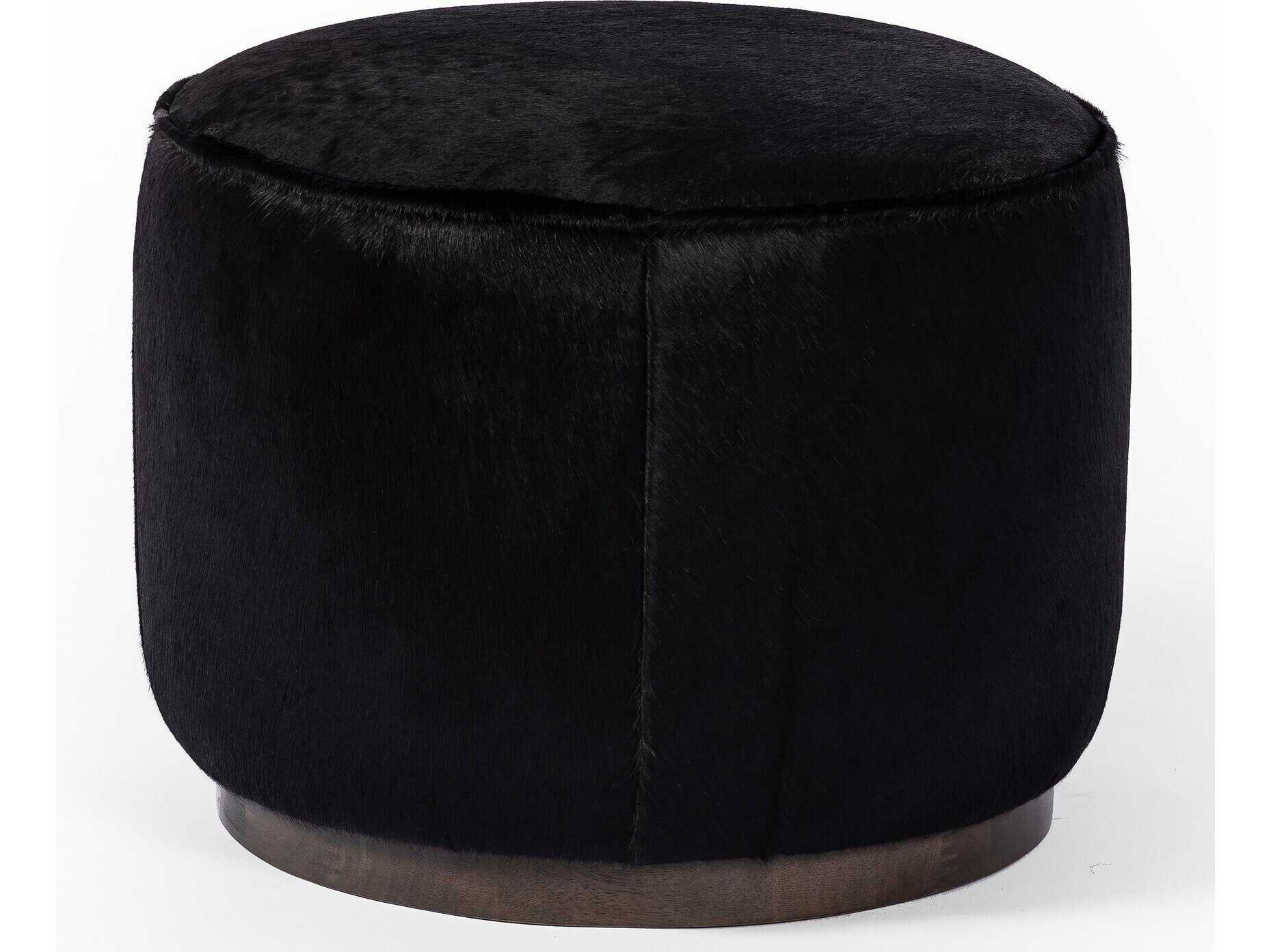 Four Hands Westgate Sinclair Dark Hair on Hide Leather Round Ottoman