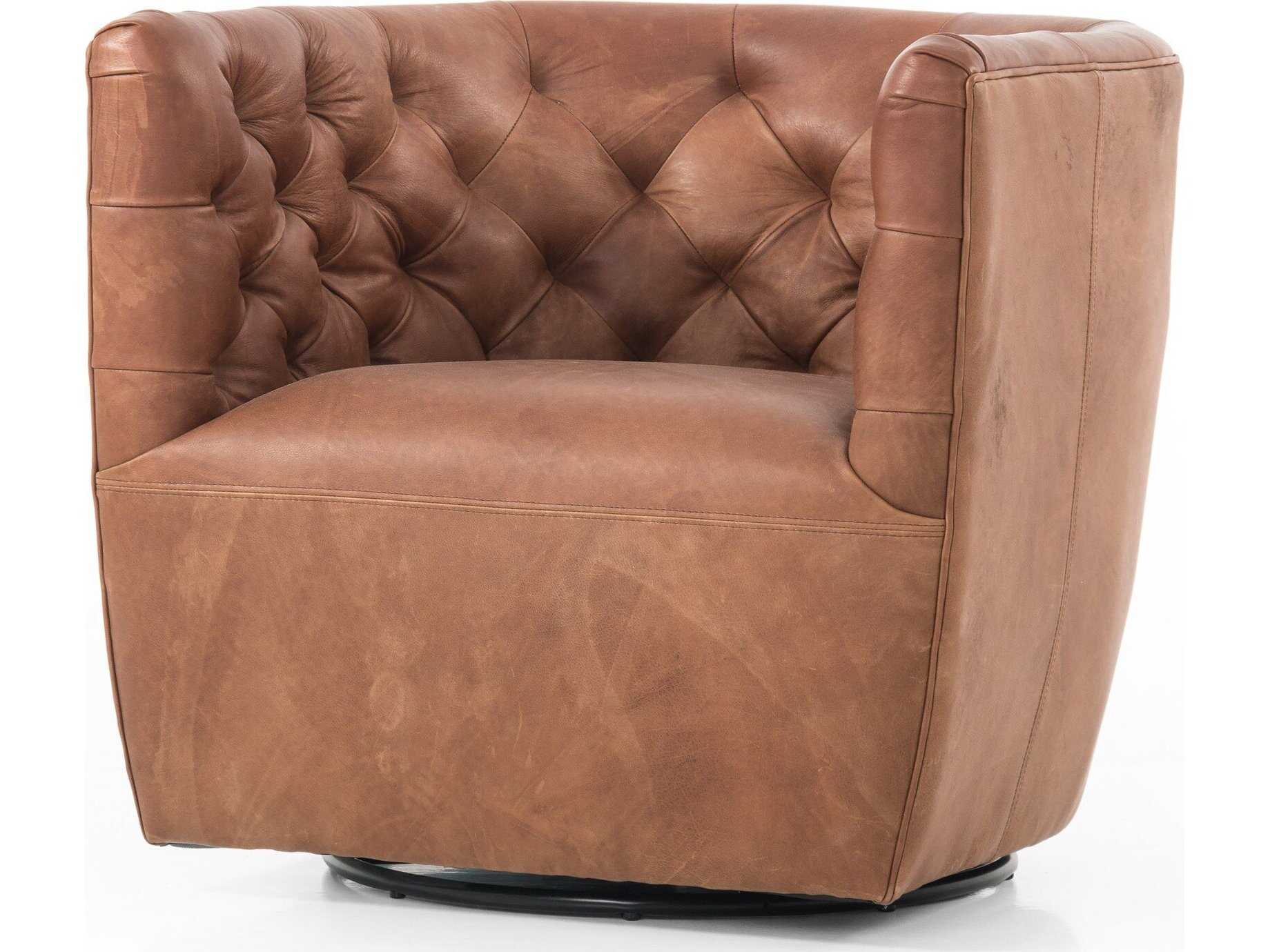 Four Hands Kensington Hanover Swivel Brown Leather Accent Chair