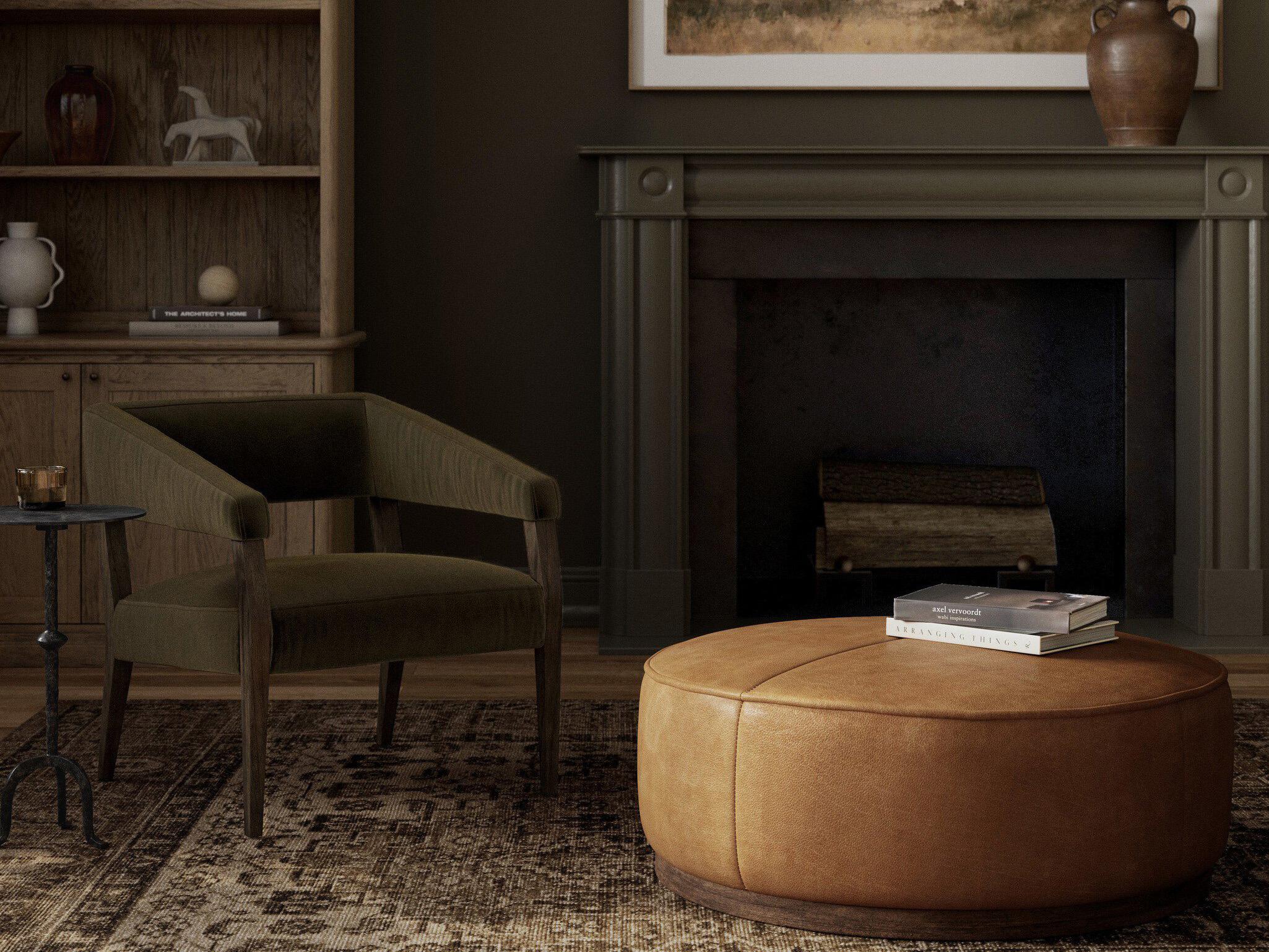 Four Hands Westgate Sinclair Distressed Natural Palermo Butterscotch Brown Leather Ottoman