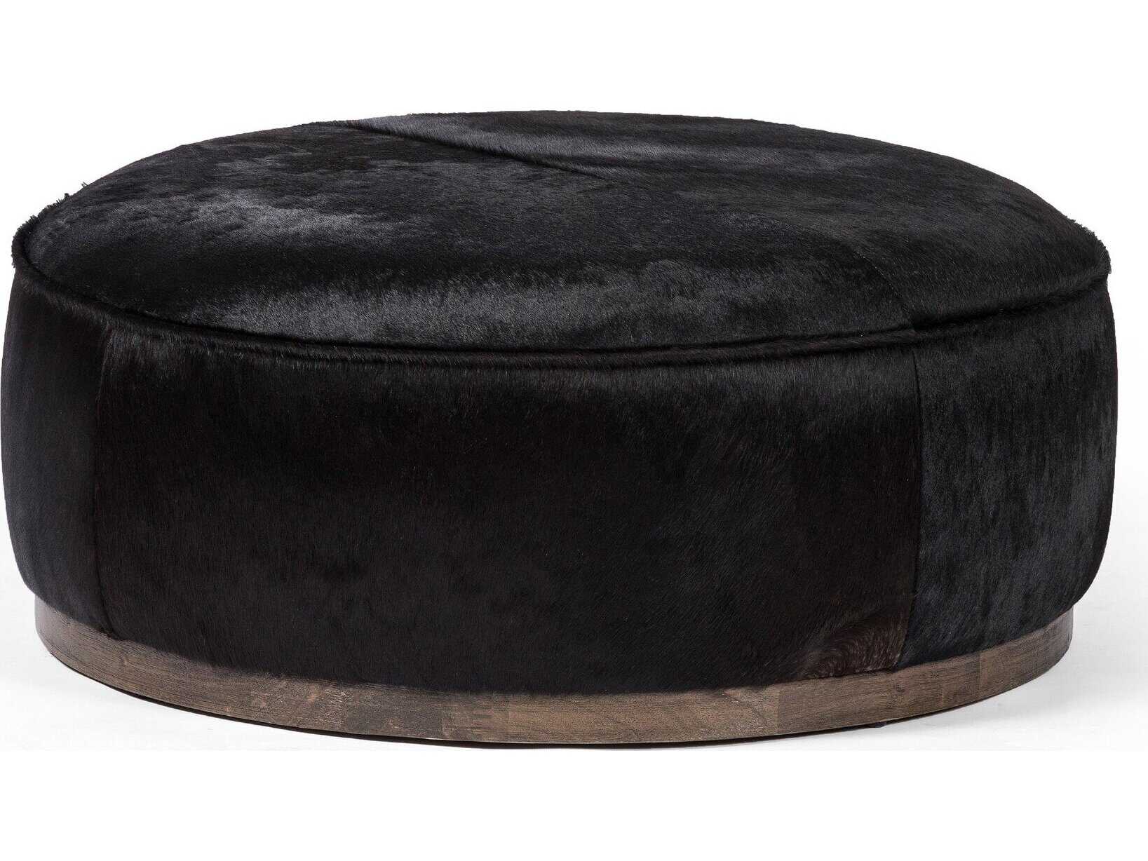 Four Hands Westgate Sinclair Dark Hair on Hide Leather Large Round Ottoman