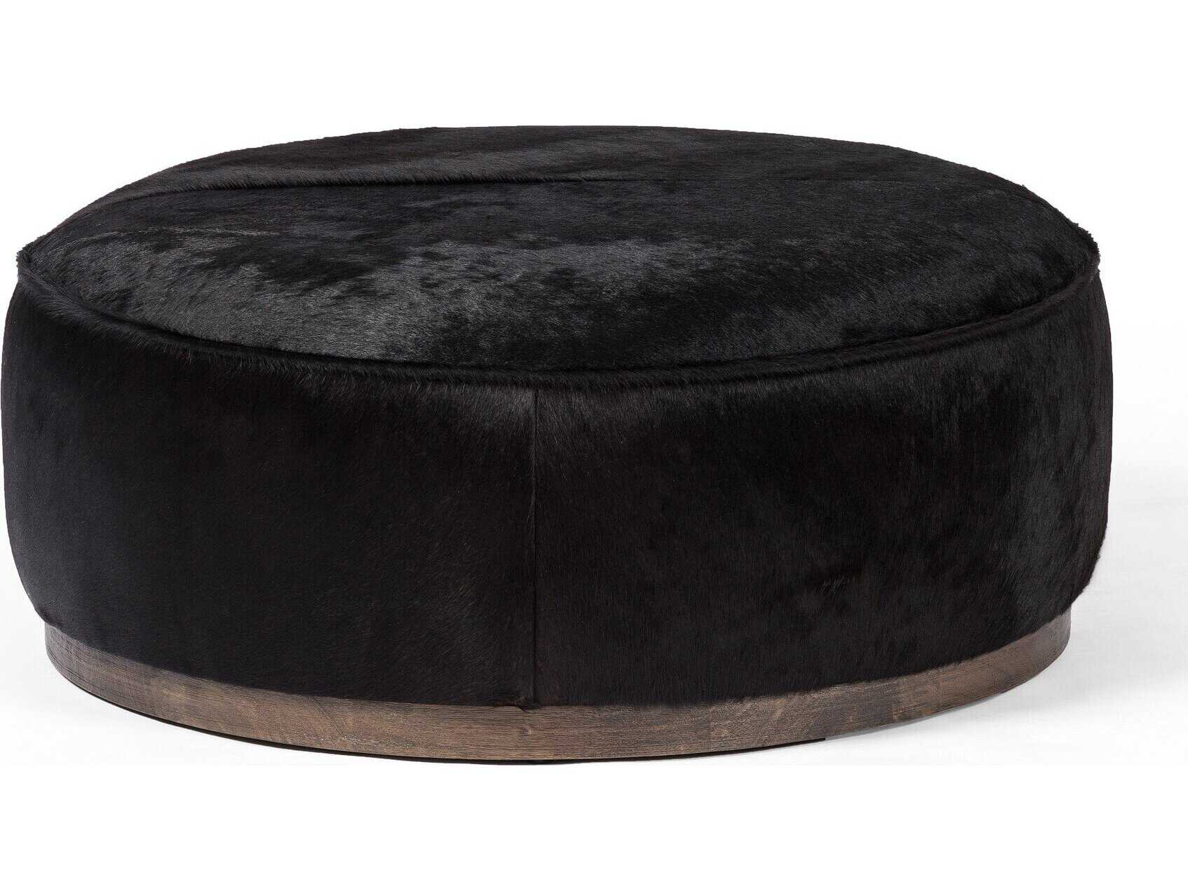 Four Hands Westgate Sinclair Dark Hair on Hide Leather Large Round Ottoman