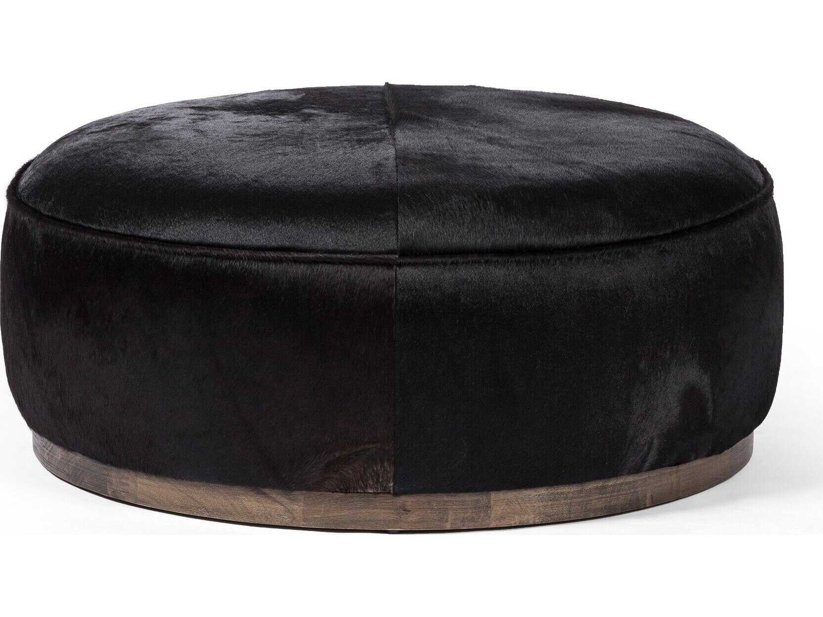 Four Hands Westgate Sinclair Dark Hair on Hide Leather Large Round Ottoman