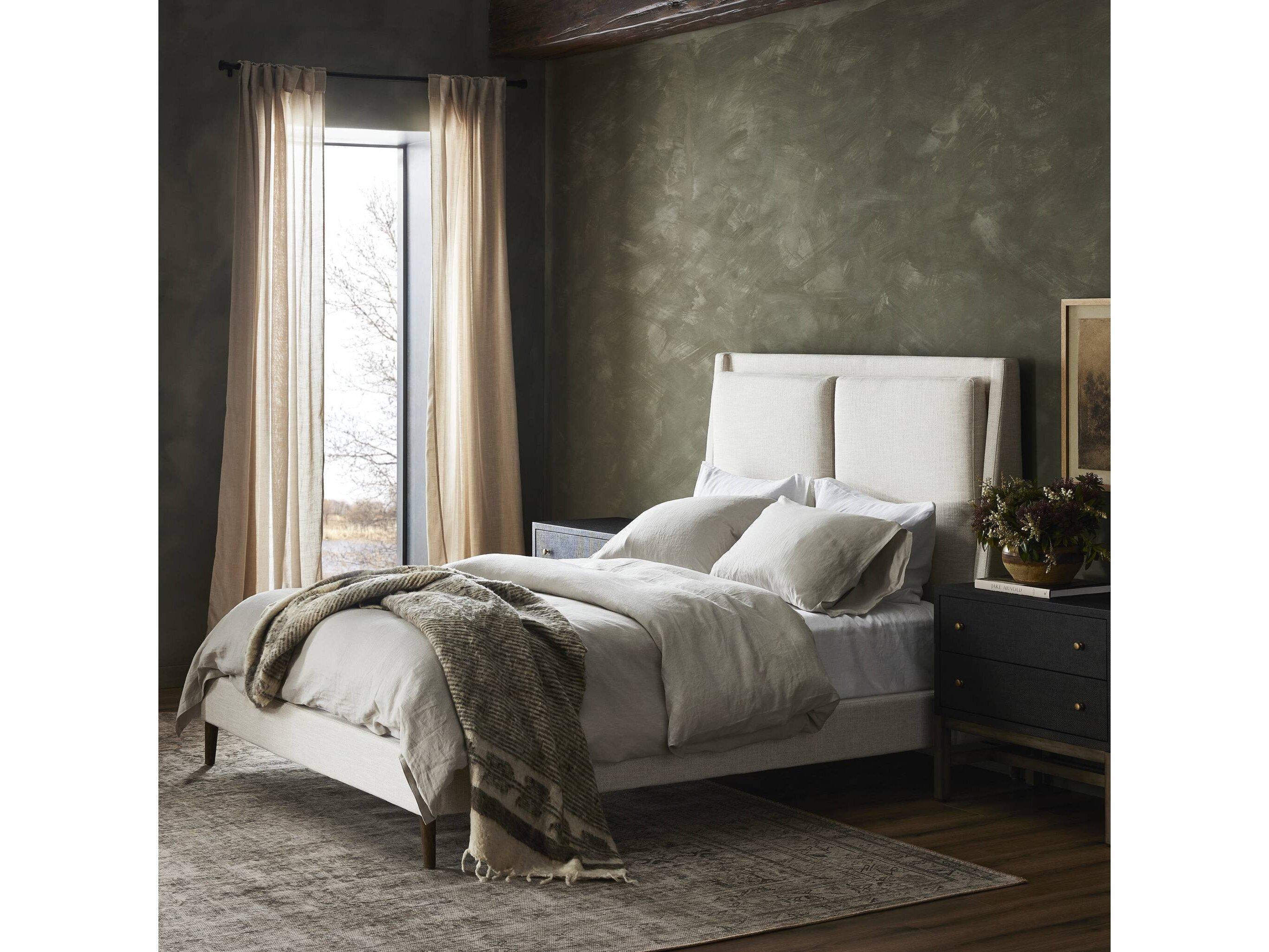 Four Hands Kensington Potter Dover Crescent Distressed Natural White Parrawood Upholstered Queen Platform Bed