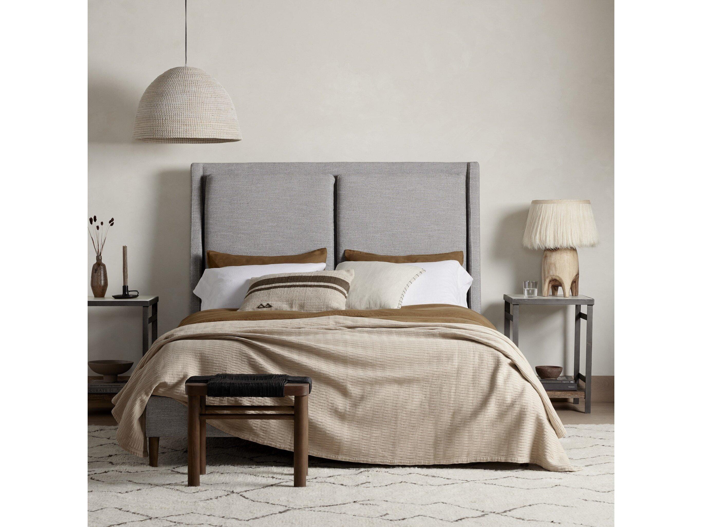 Four Hands Kensington Potter Manor Grey Distressed Natural Parrawood Upholstered Queen Platform Bed