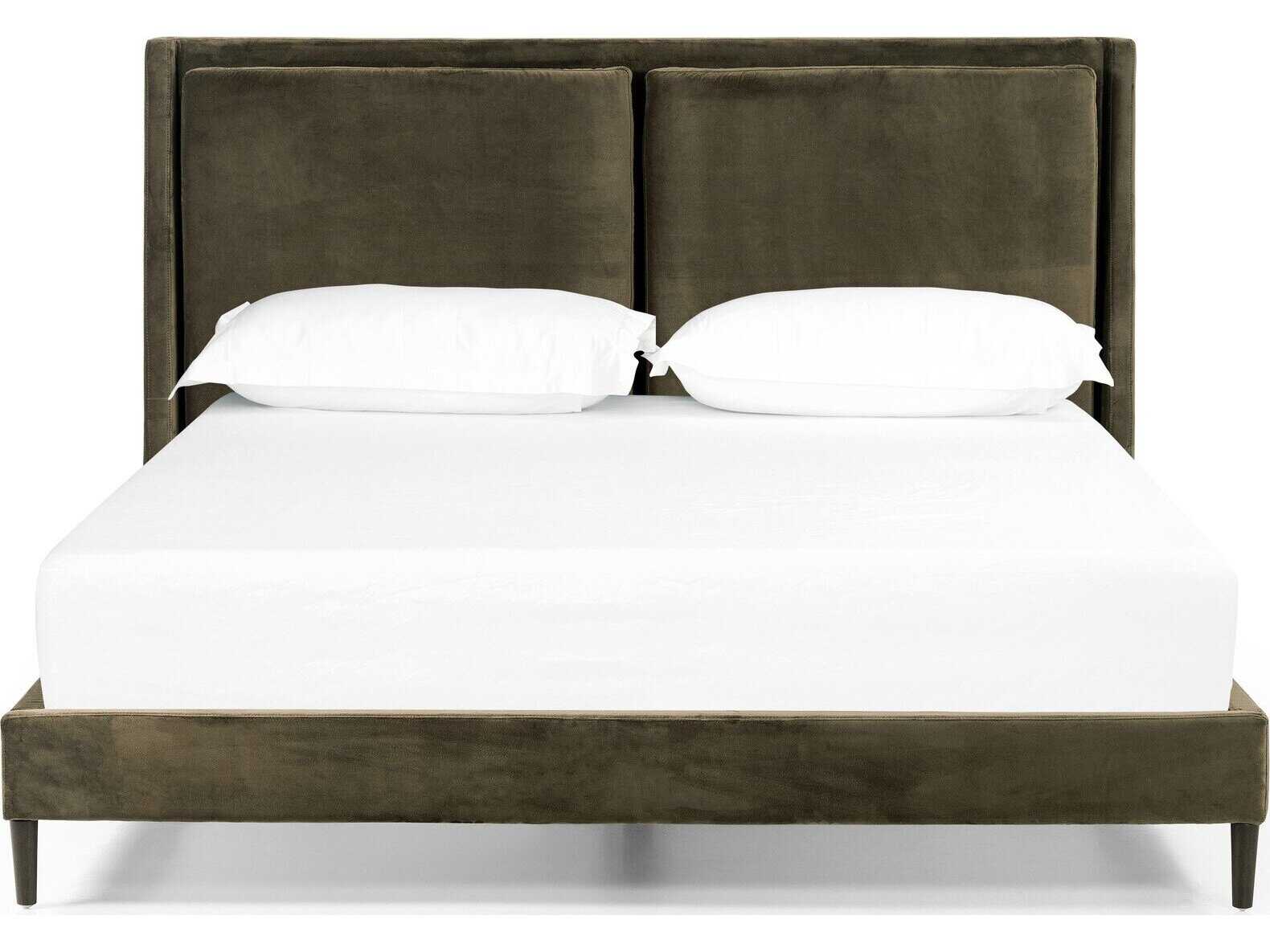 Four Hands Kensington Potter Surrey Olive Burnt Oak Green Wood Upholstered King Platform Bed