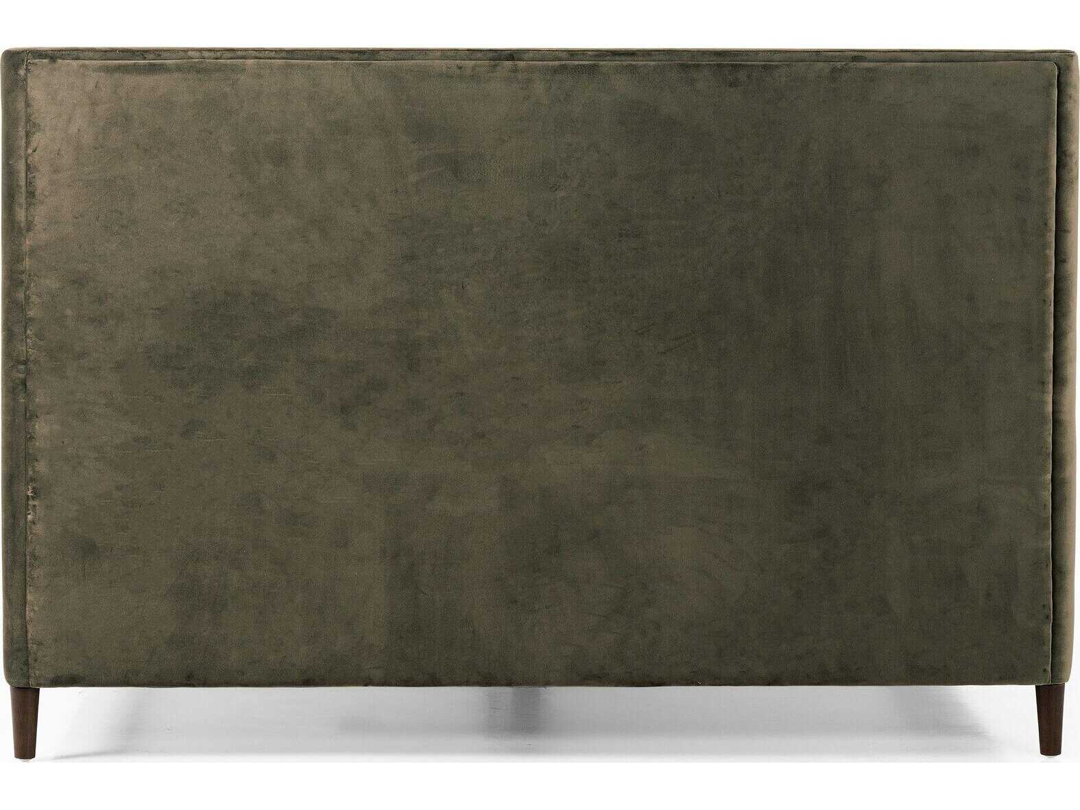 Four Hands Kensington Potter Surrey Olive Burnt Oak Green Wood Upholstered King Platform Bed