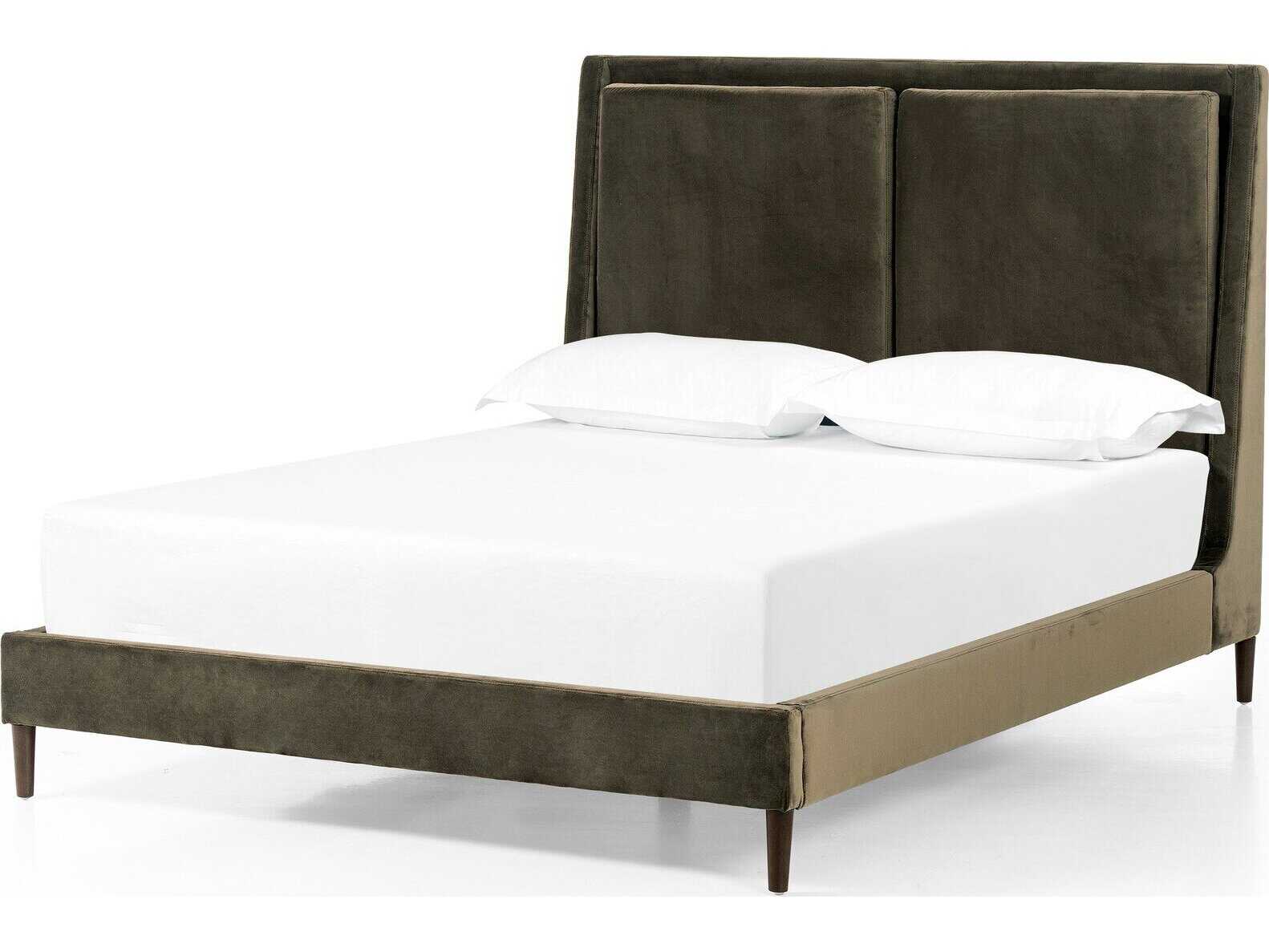 Four Hands Kensington Potter Surrey Olive Burnt Oak Green Wood Upholstered Queen Platform Bed