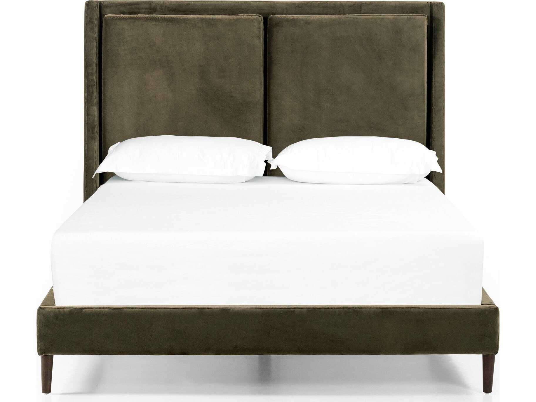 Four Hands Kensington Potter Surrey Olive Burnt Oak Green Wood Upholstered Queen Platform Bed