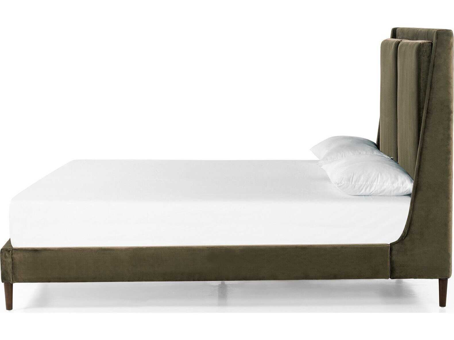 Four Hands Kensington Potter Surrey Olive Burnt Oak Green Wood Upholstered Queen Platform Bed