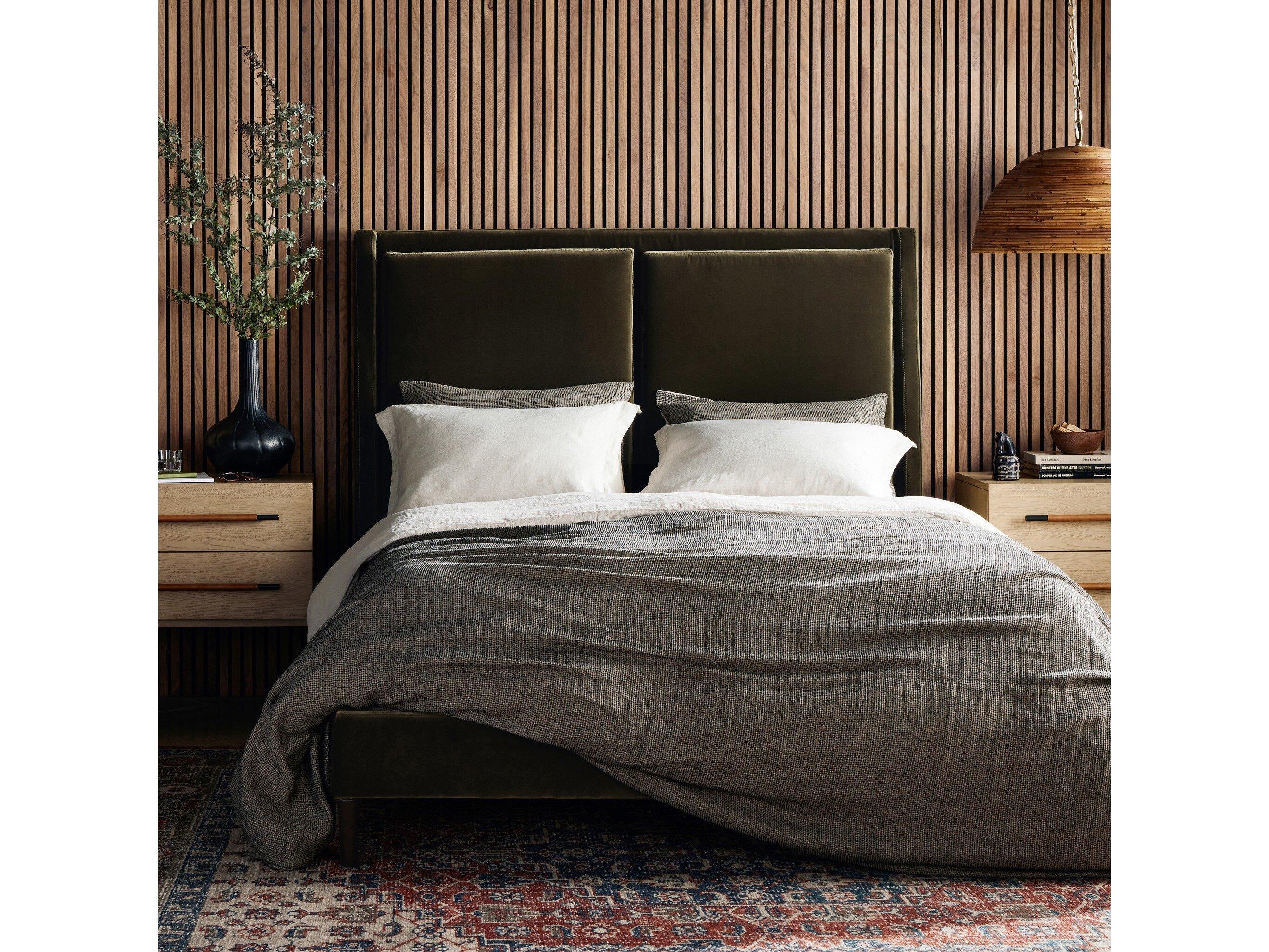 Four Hands Kensington Potter Surrey Olive Burnt Oak Green Wood Upholstered Queen Platform Bed