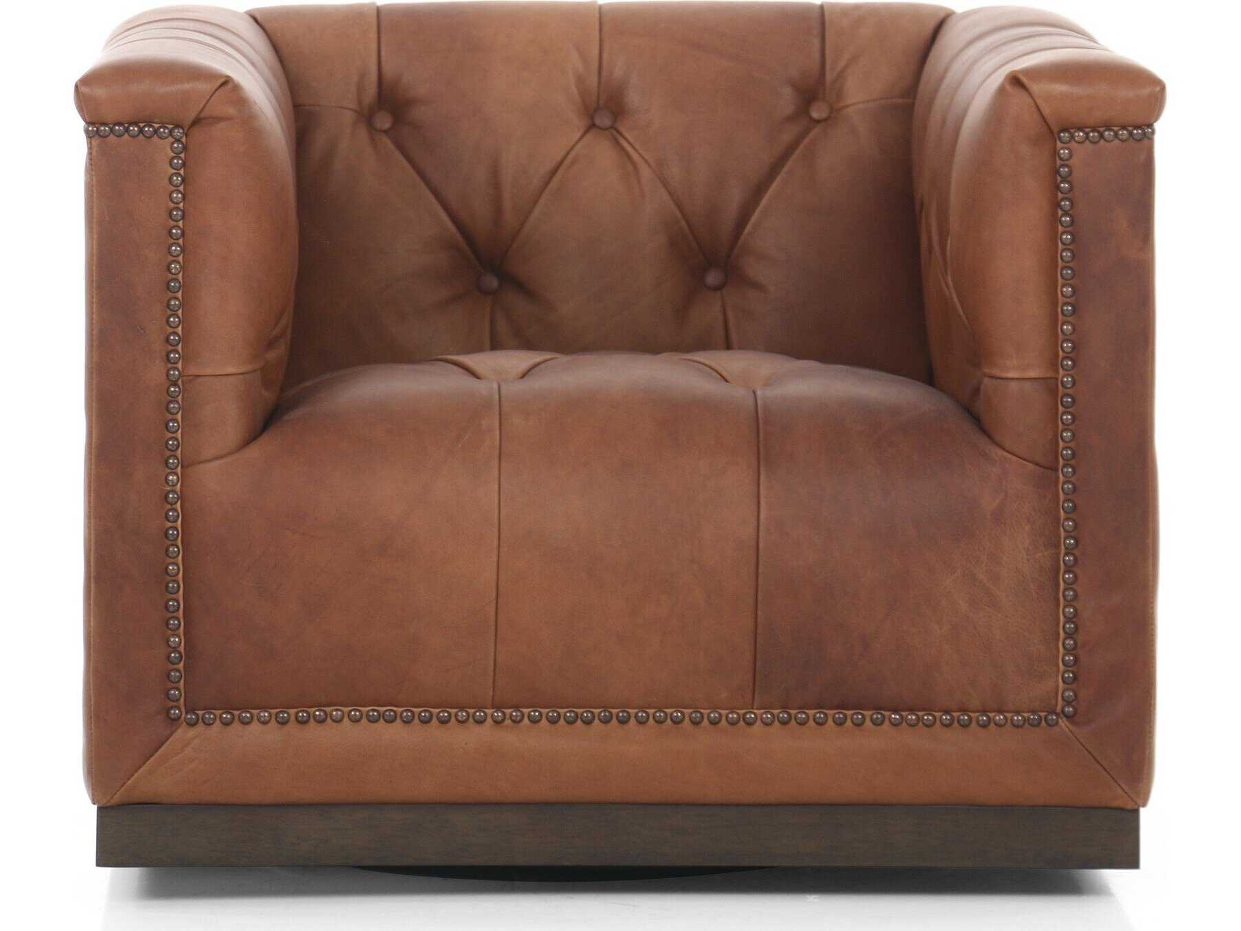 Four Hands Kensington Maxx Swivel Brown Leather Accent Chair