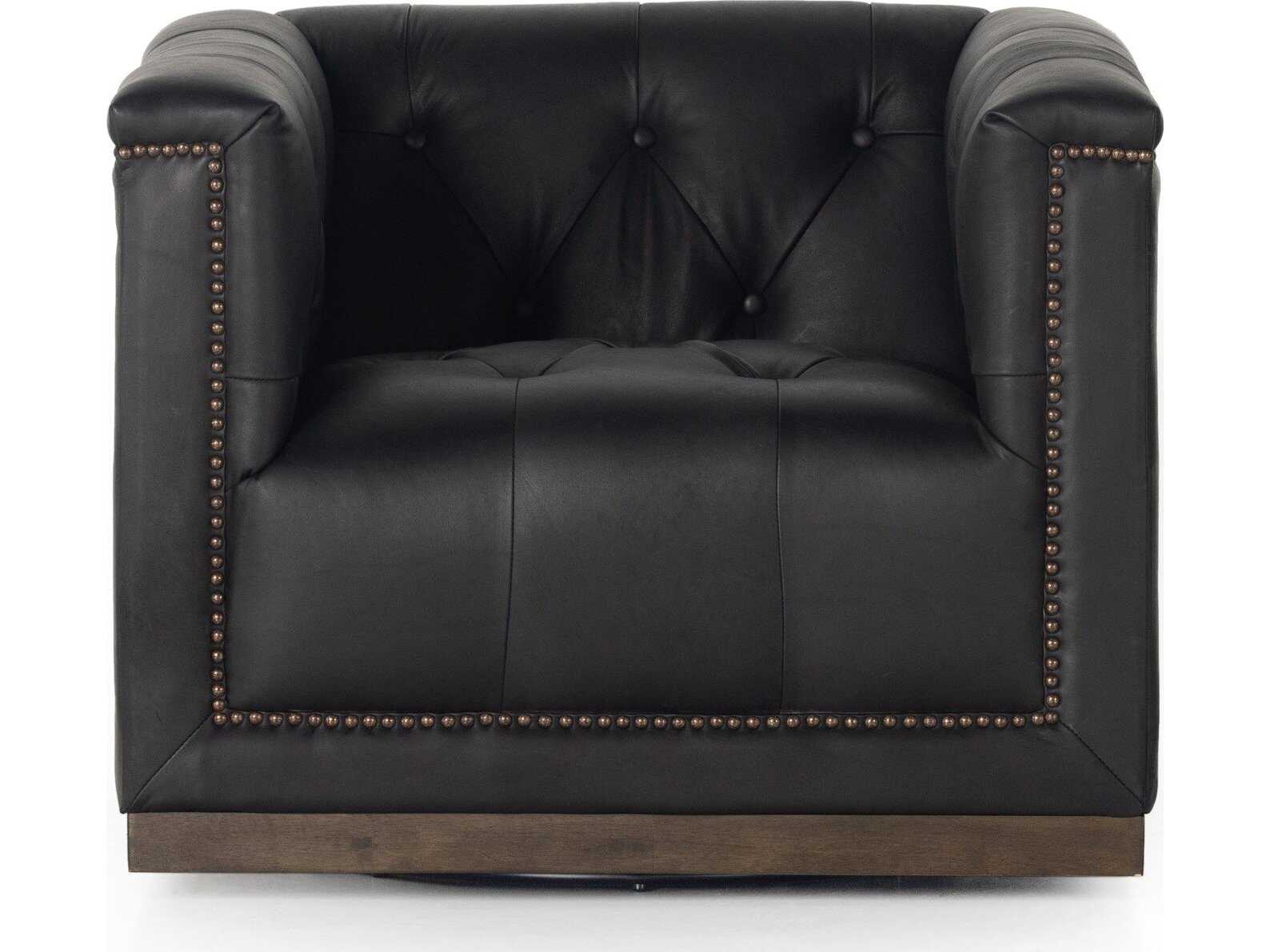 Four Hands Kensington Maxx Swivel Black Leather Accent Chair