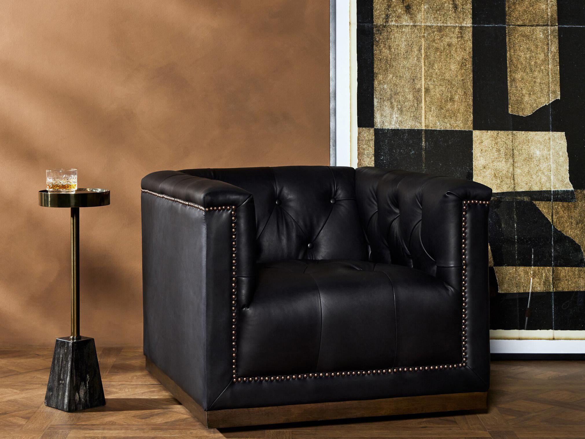 Four Hands Kensington Maxx Swivel Black Leather Accent Chair