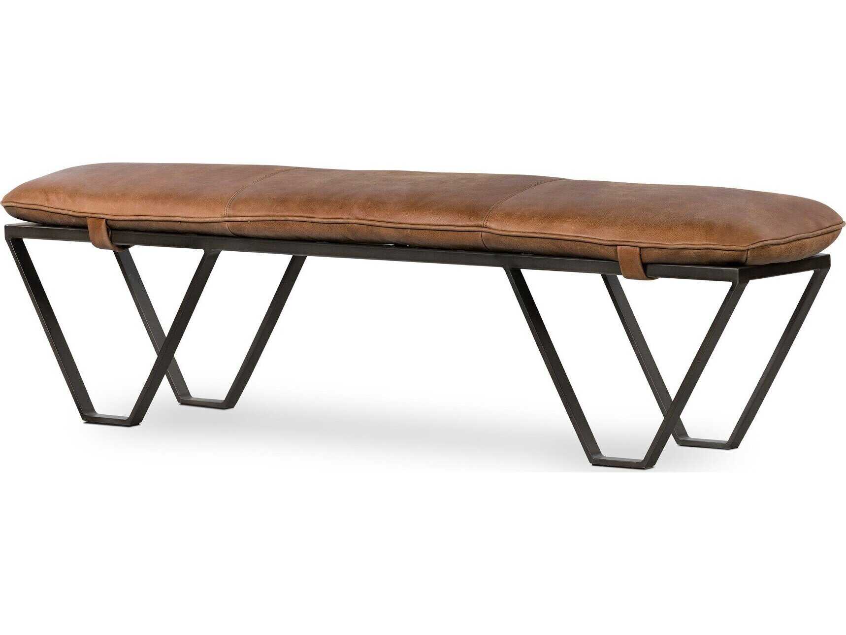 Four Hands Easton Light Gunmetal Palermo Cognac Brown Leather Accent Bench