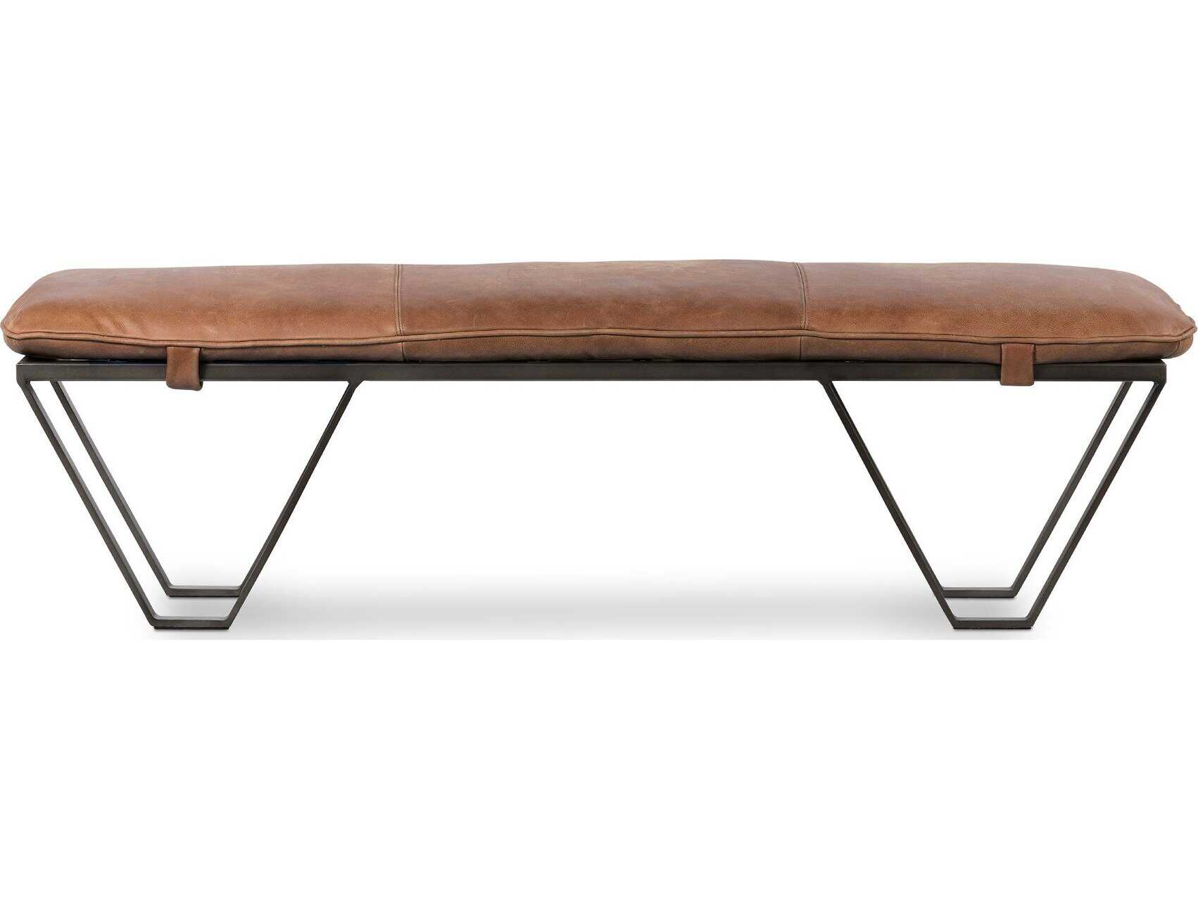 Four Hands Easton Light Gunmetal Palermo Cognac Brown Leather Accent Bench