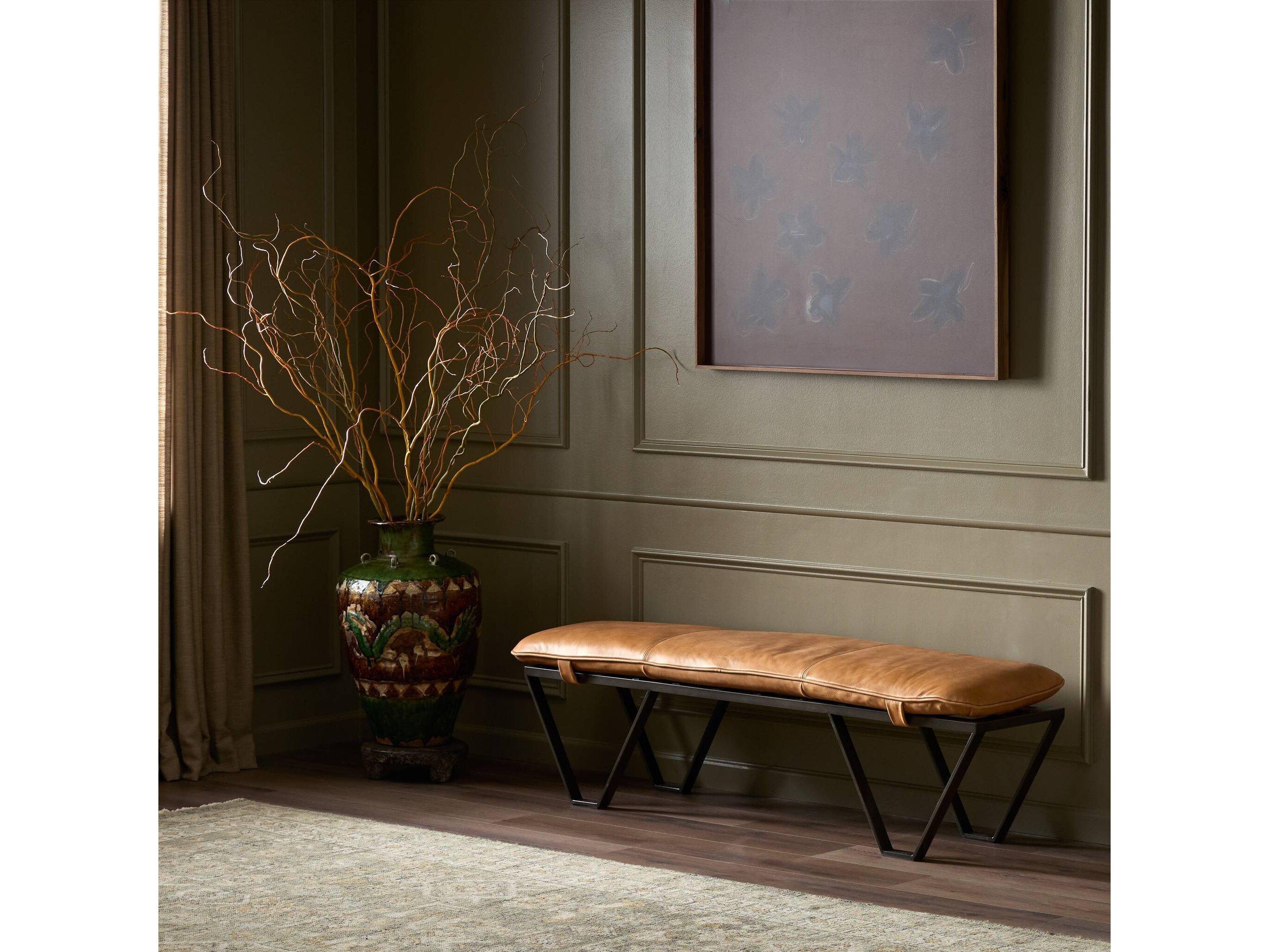 Four Hands Easton Light Gunmetal Palermo Cognac Brown Leather Accent Bench