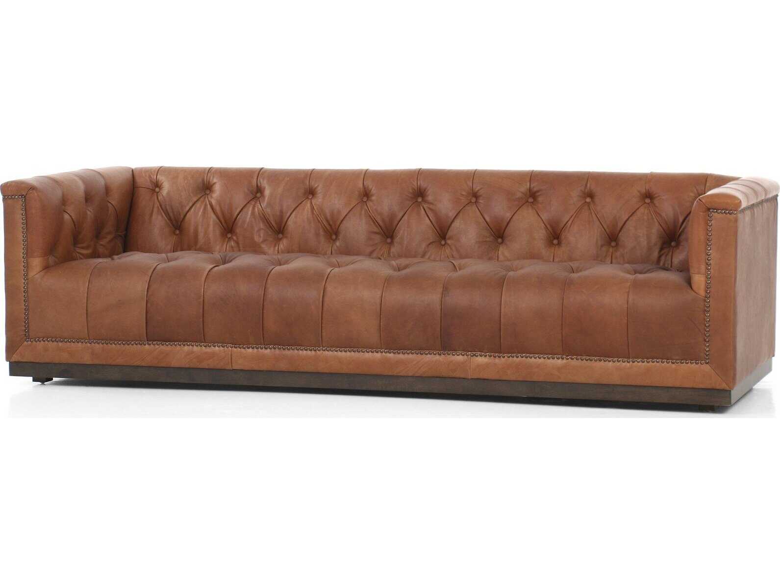 Four Hands Kensington Maxx Burnt Umber Heirloom Sienna Aged Bronze Nailhead Burgundy Leather Sofa