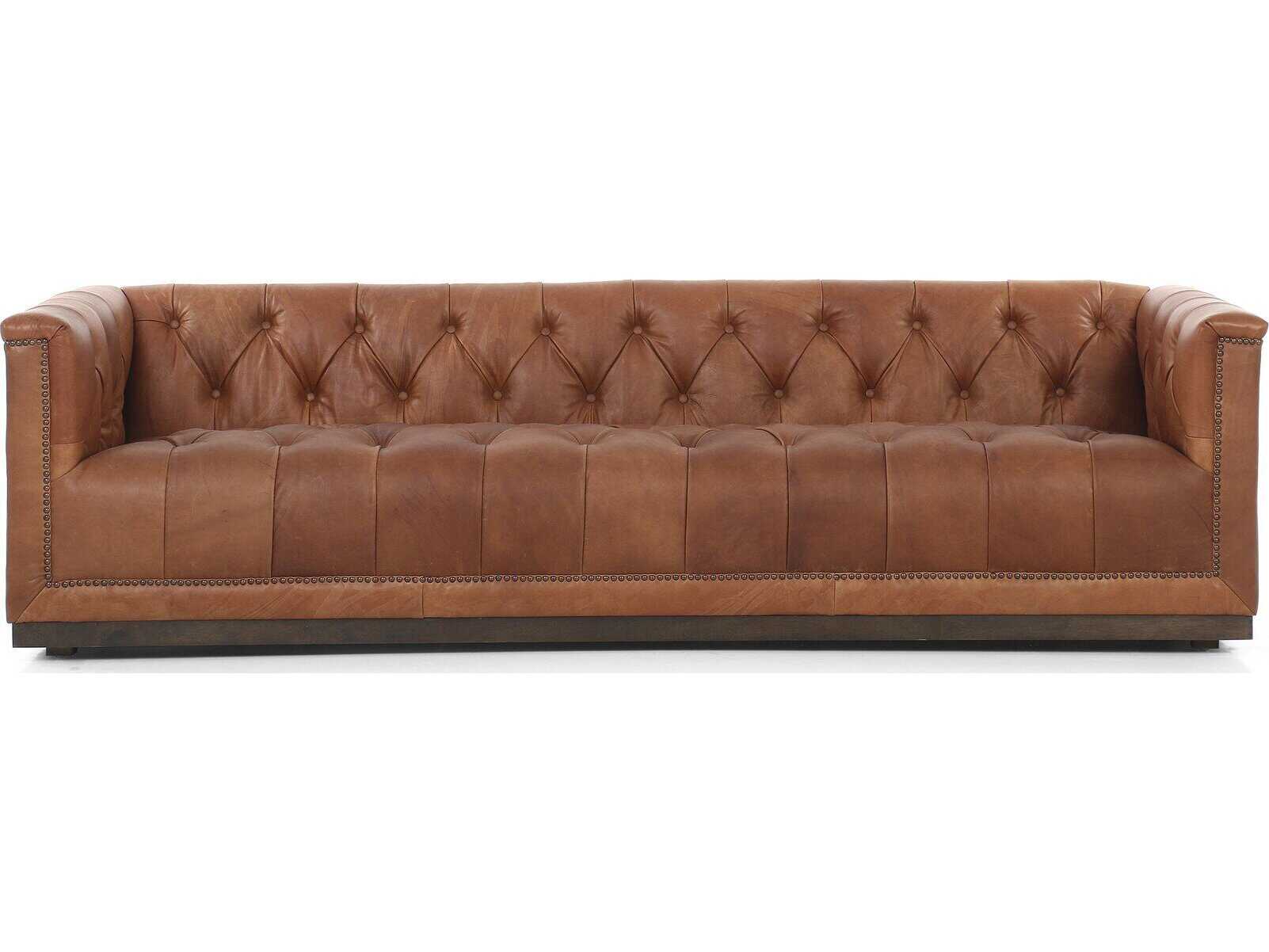 Four Hands Kensington Maxx Burnt Umber Heirloom Sienna Aged Bronze Nailhead Burgundy Leather Sofa