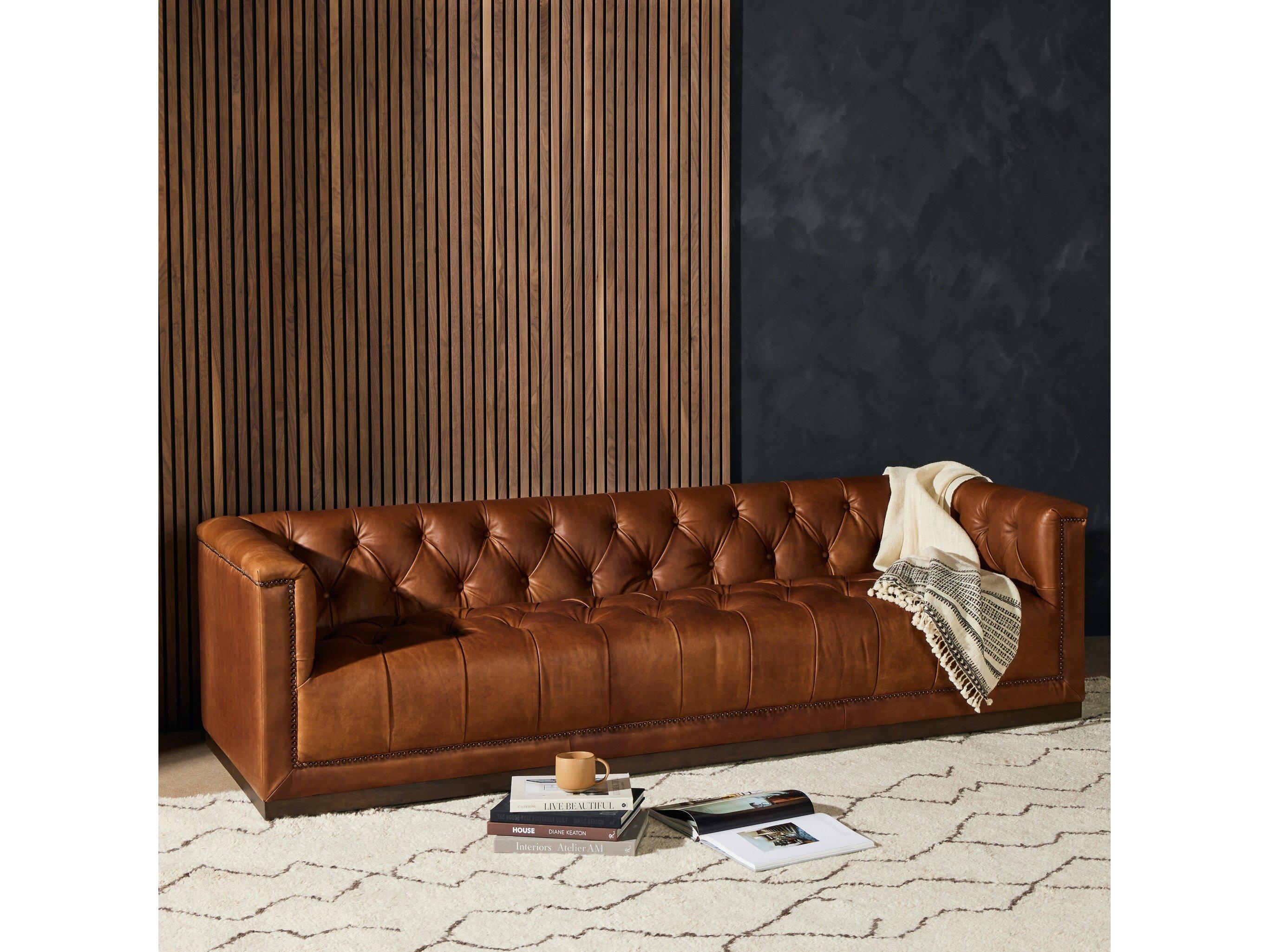 Four Hands Kensington Maxx Burnt Umber Heirloom Sienna Aged Bronze Nailhead Burgundy Leather Sofa