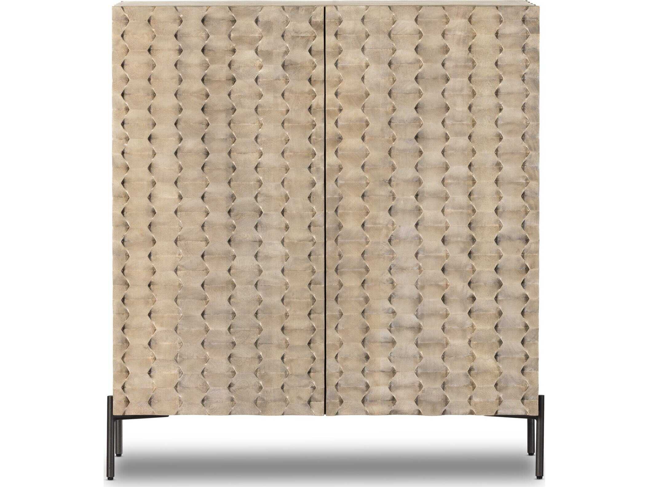 Four Hands Fallon Raffael Carved Stonewash Grey Mango Bar Cabinet