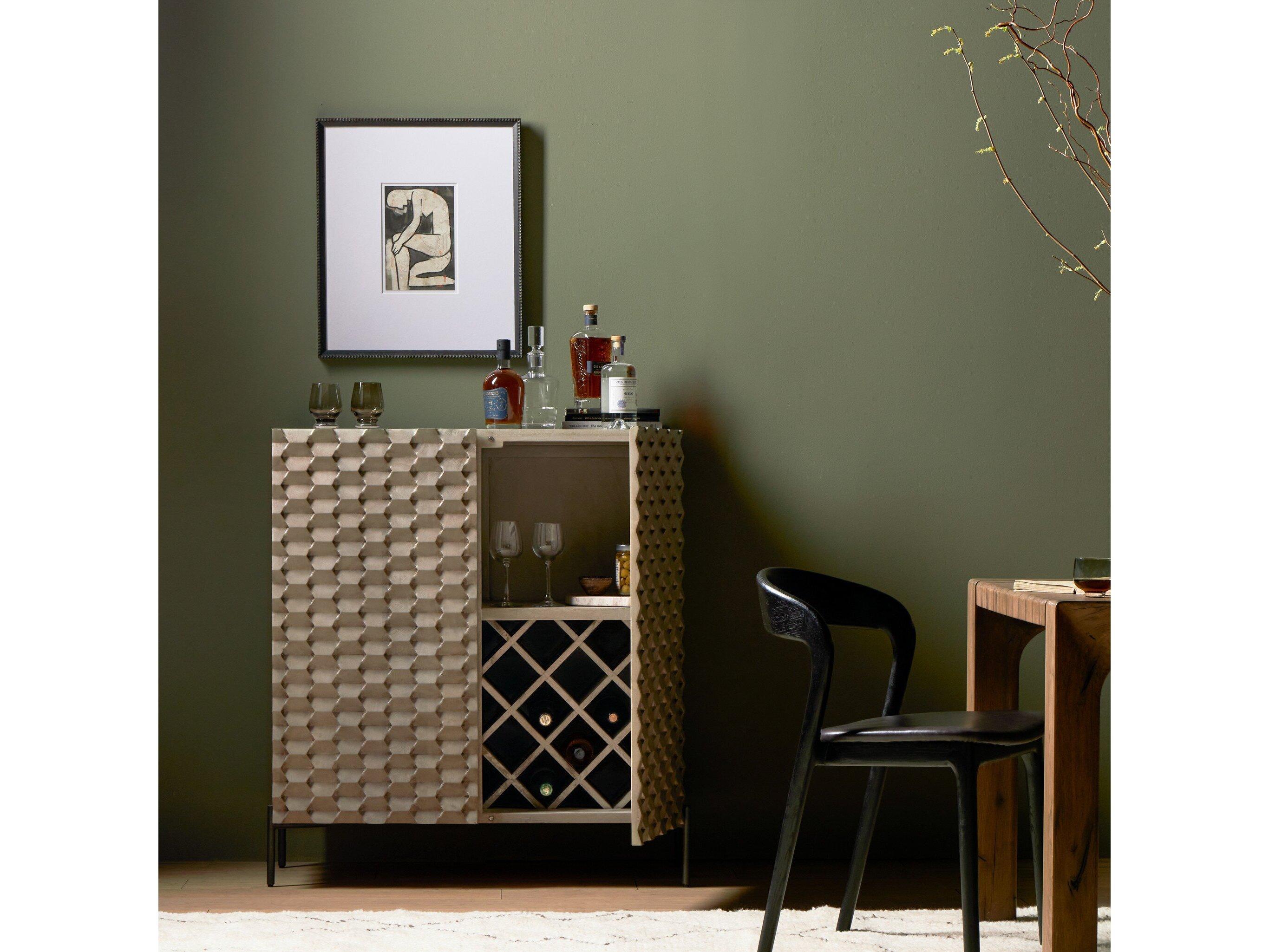 Four Hands Fallon Raffael Carved Stonewash Grey Mango Bar Cabinet