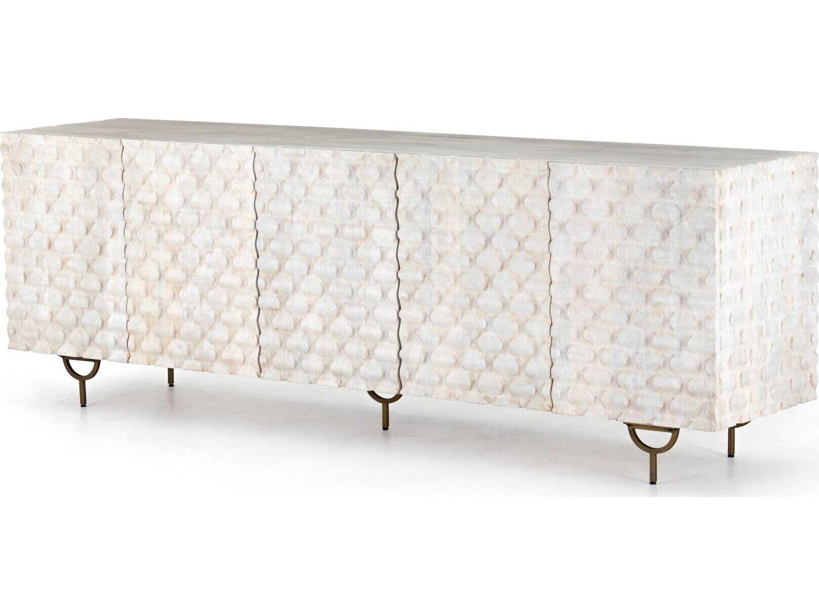 Four Hands Aiden Rio 82" Mango Wood Round Cut White Wash Antique Brass Media Console