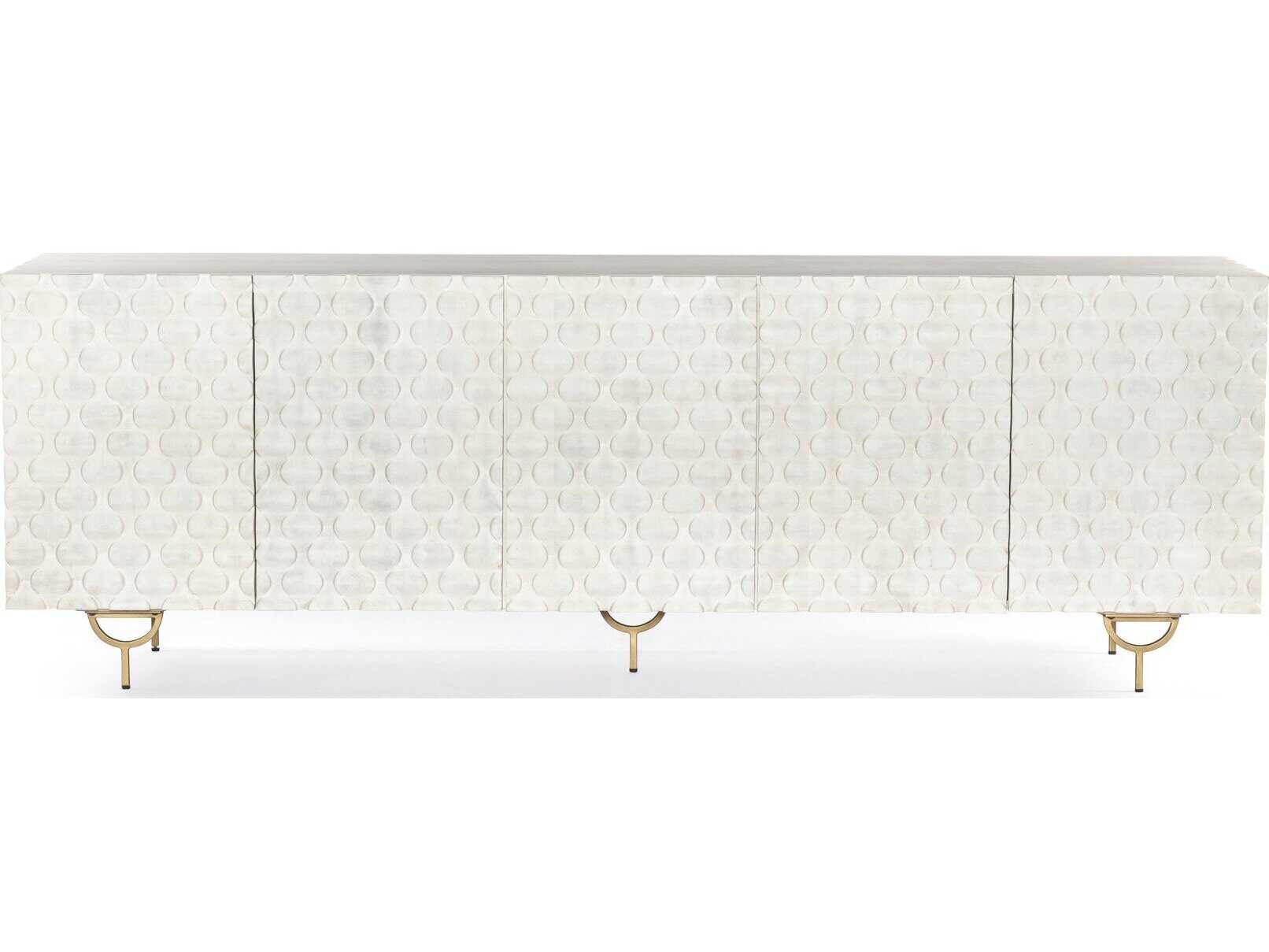 Four Hands Aiden Rio 82" Mango Wood Round Cut White Wash Antique Brass Media Console