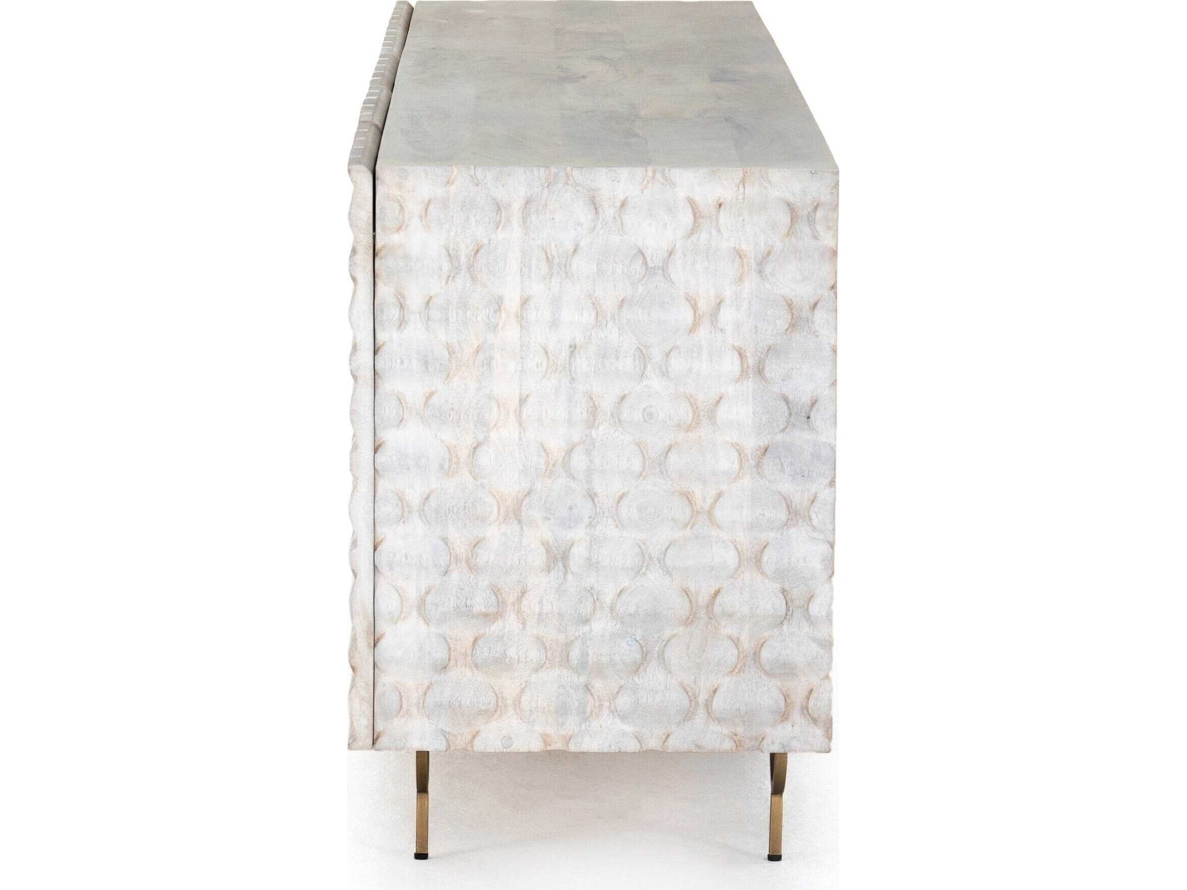 Four Hands Aiden Rio 82" Mango Wood Round Cut White Wash Antique Brass Media Console