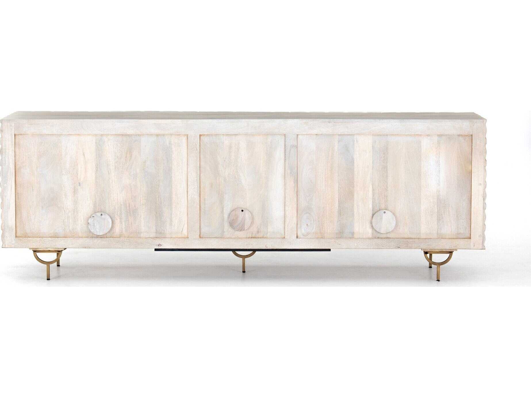 Four Hands Aiden Rio 82" Mango Wood Round Cut White Wash Antique Brass Media Console