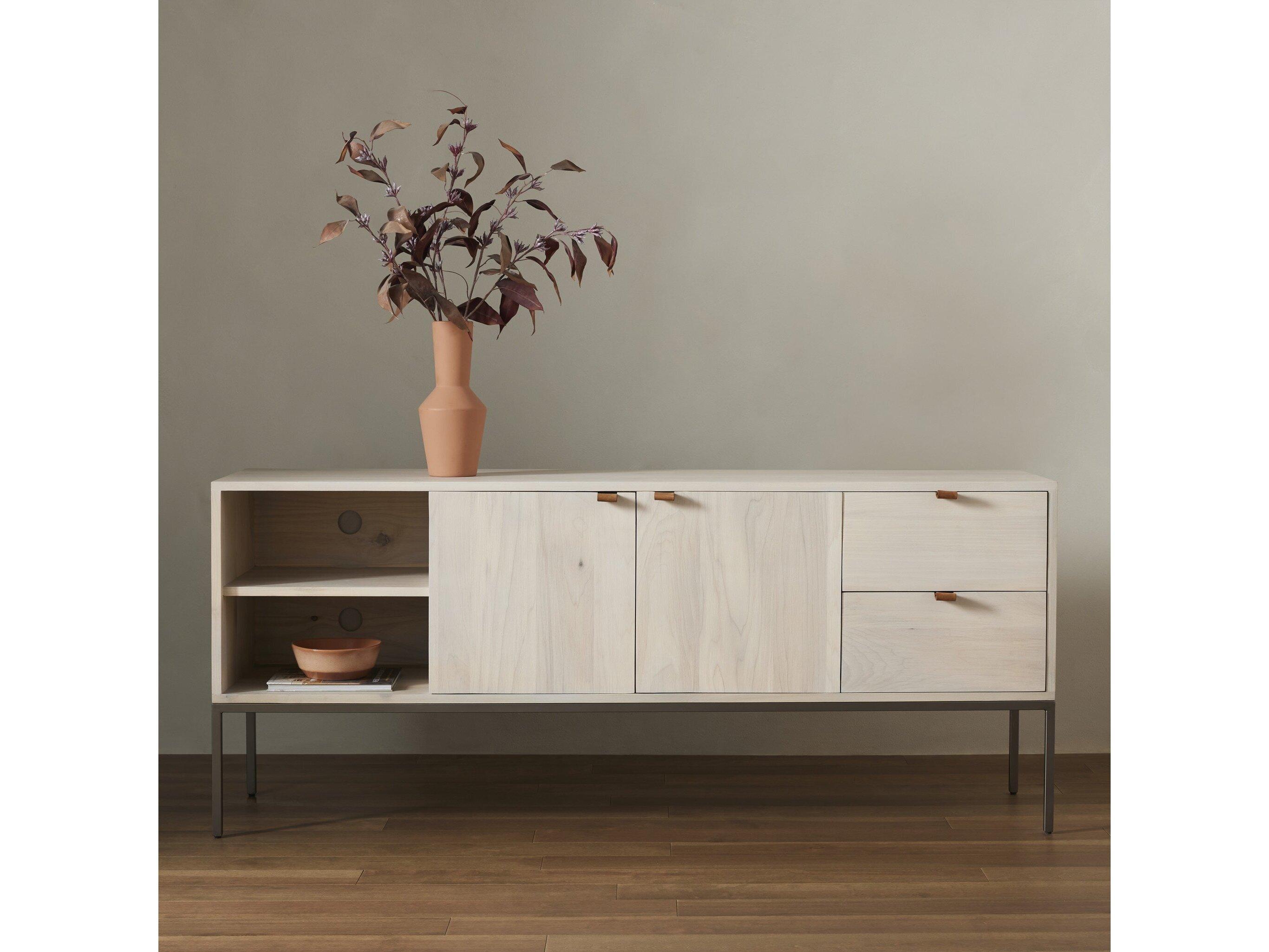 Four Hands Fulton Trey 69" Poplar Wood Natural Iron Dove Toffee Leather Media Console