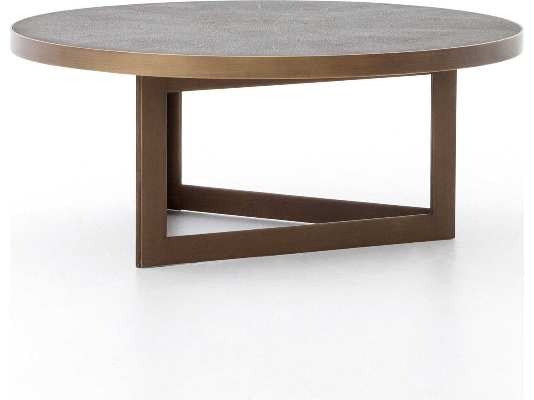 Four Hands Bentley Shagreen Round Faux Leather Antique Brass Grey Coffee Table