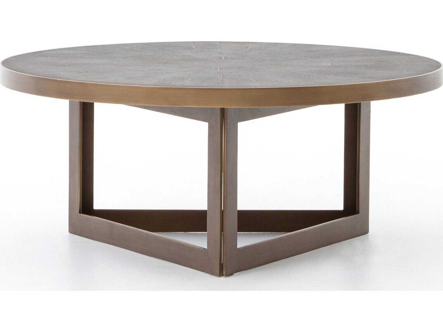 Four Hands Bentley Shagreen Round Faux Leather Antique Brass Grey Coffee Table