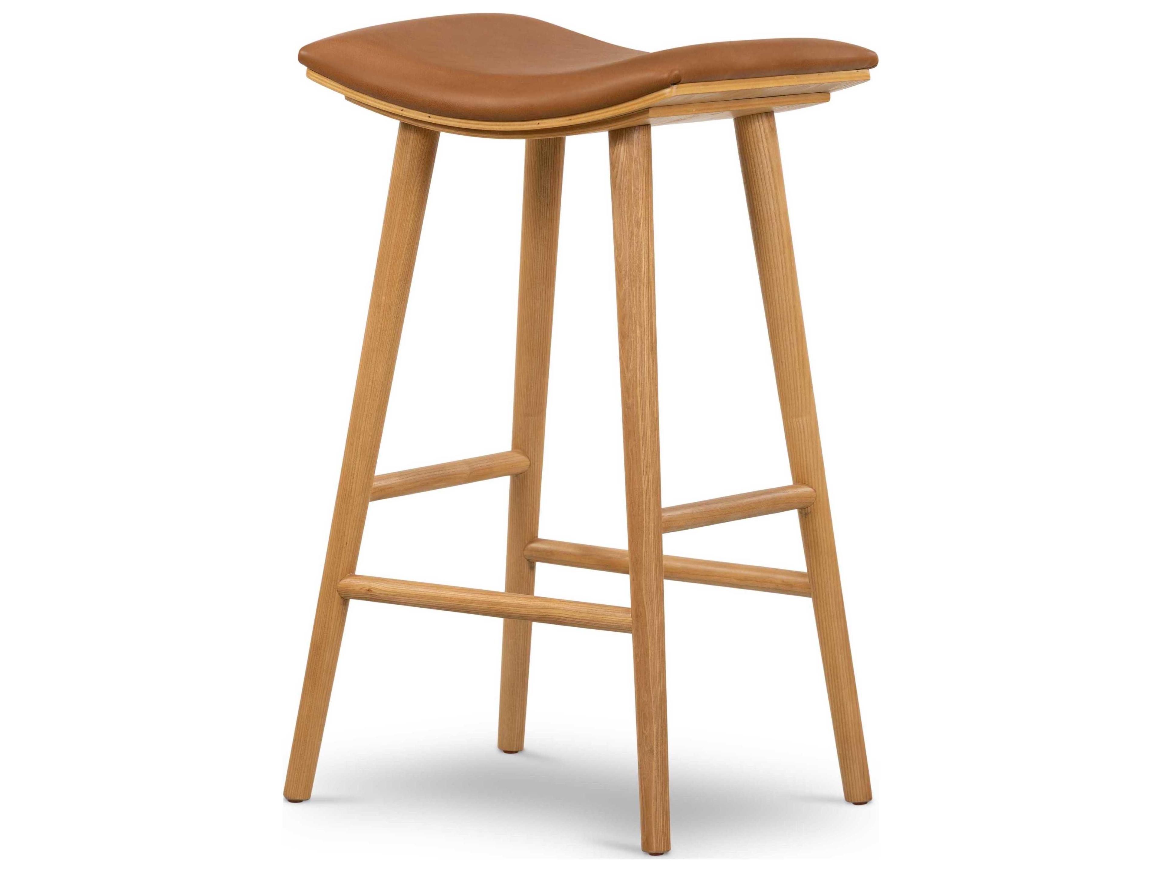Four Hands Belfast Union Saddle Leather Ash Wood Smoked Natural Sierra Butterscotch Bar Stool
