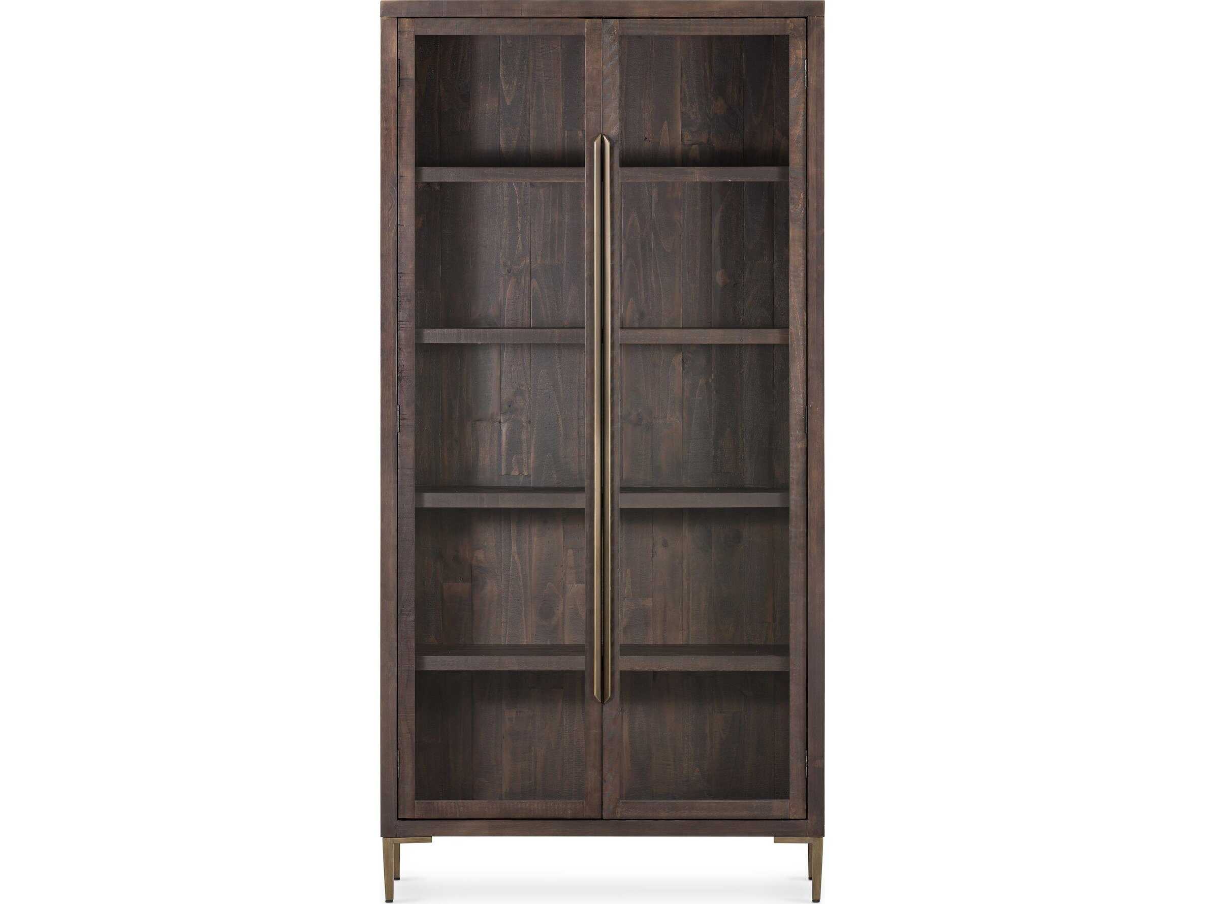 Four Hands Wyeth Pine Wood Dark Carbon Tempered Glass Antique Brass Display Cabinet