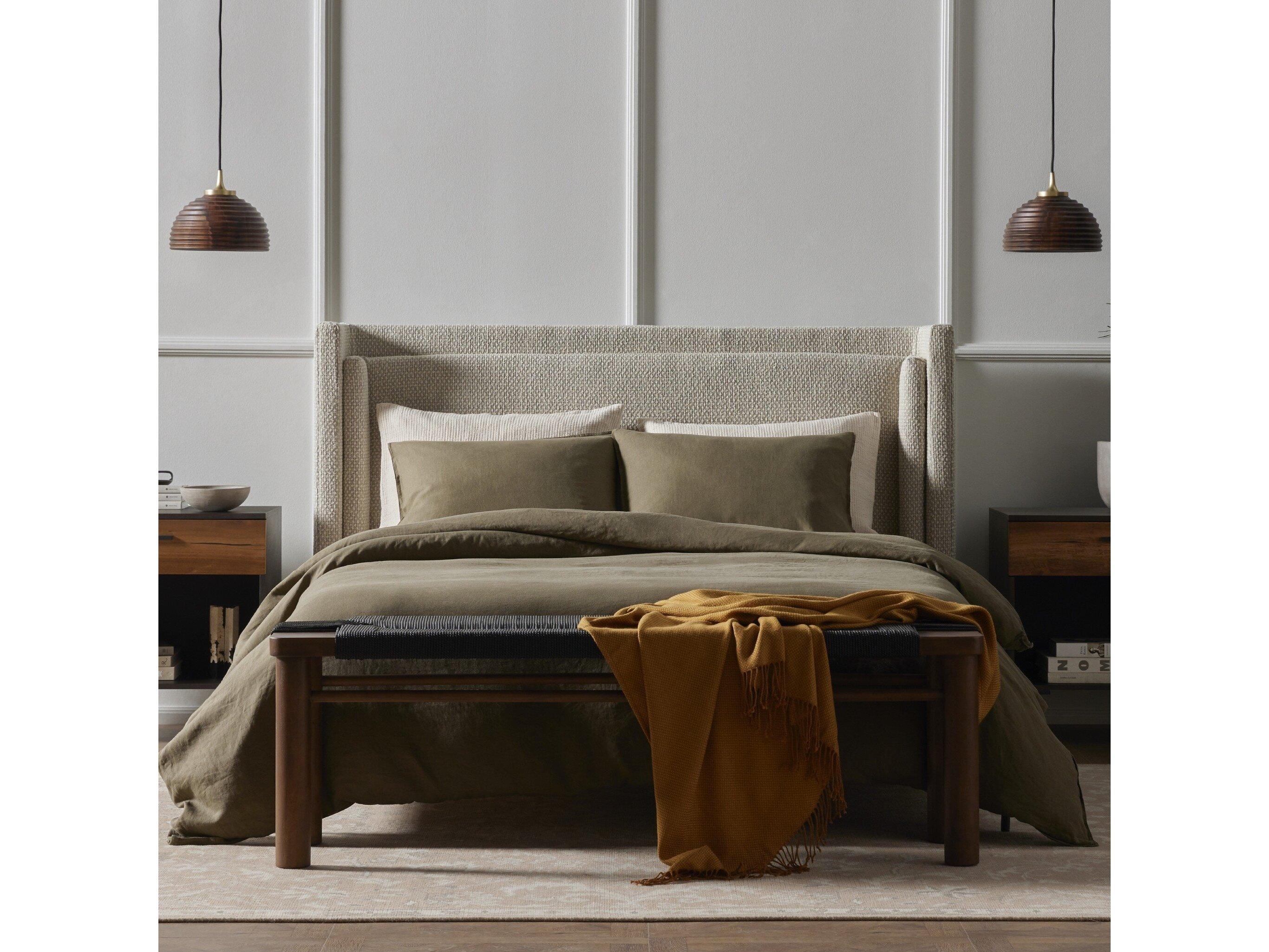 Four Hands Kensington Dobson Gunmetal Perin Oatmeal Beige Upholstered Queen Platform Bed