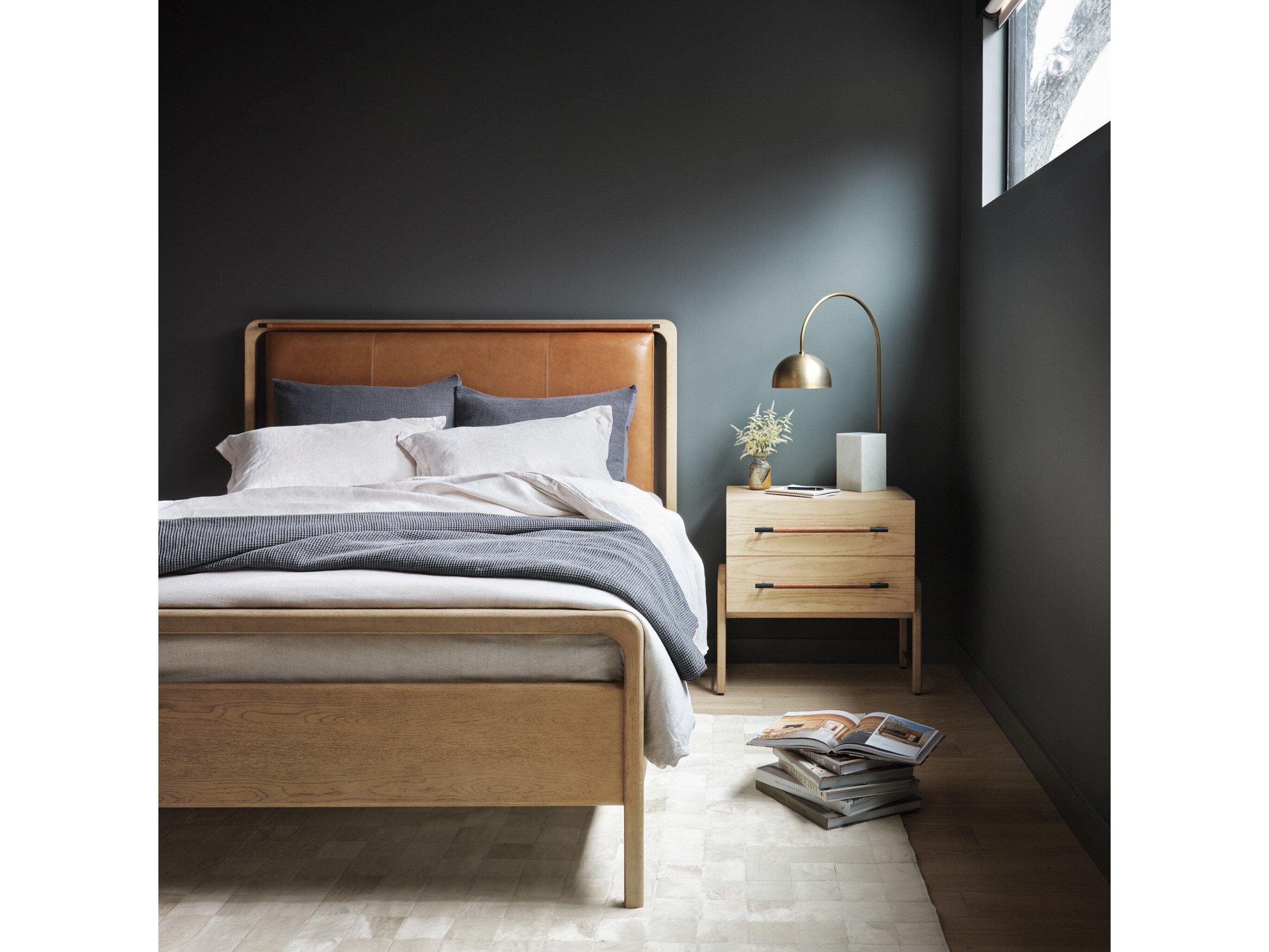 Four Hands Filmore Rosedale Yucca Oak Chaps Sand Gunmetal Brown Wood Leather Queen Panel Bed