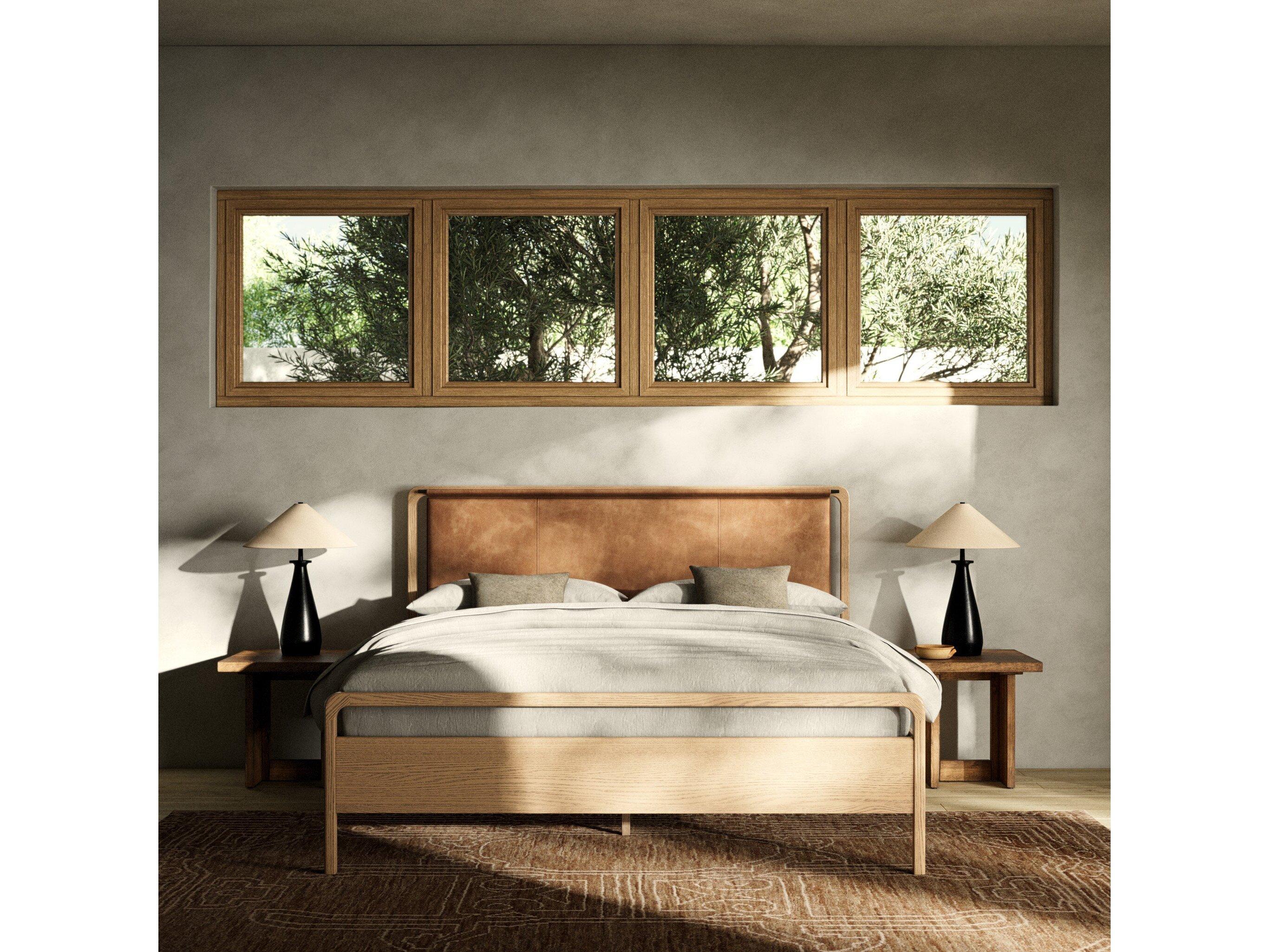 Four Hands Filmore Rosedale Yucca Oak Chaps Sand Gunmetal Brown Wood Leather King Panel Bed