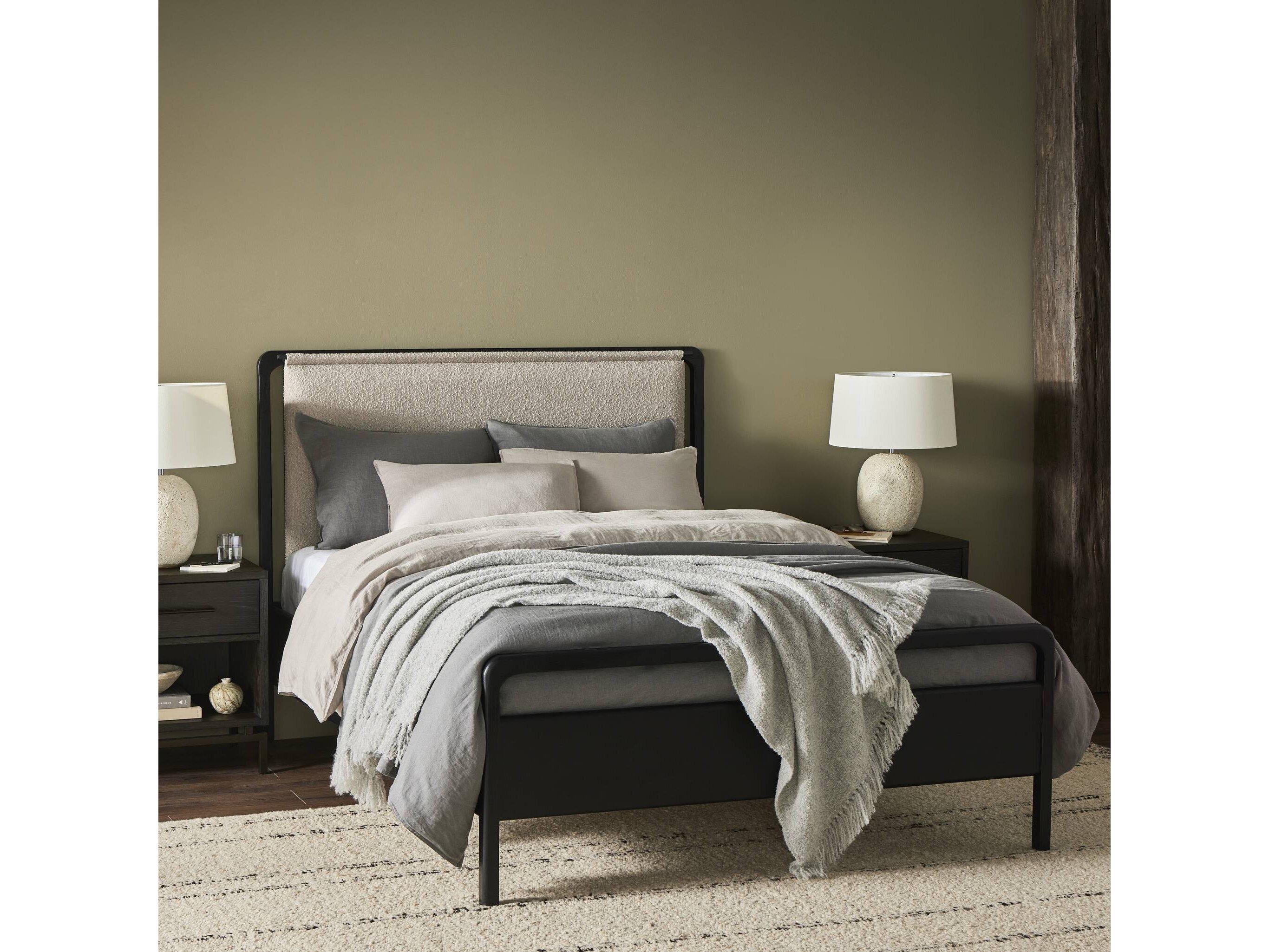 Four Hands Filmore Rosedale Ebony Oak Knoll Sand Gunmetal Wood Upholstered Queen Panel Bed