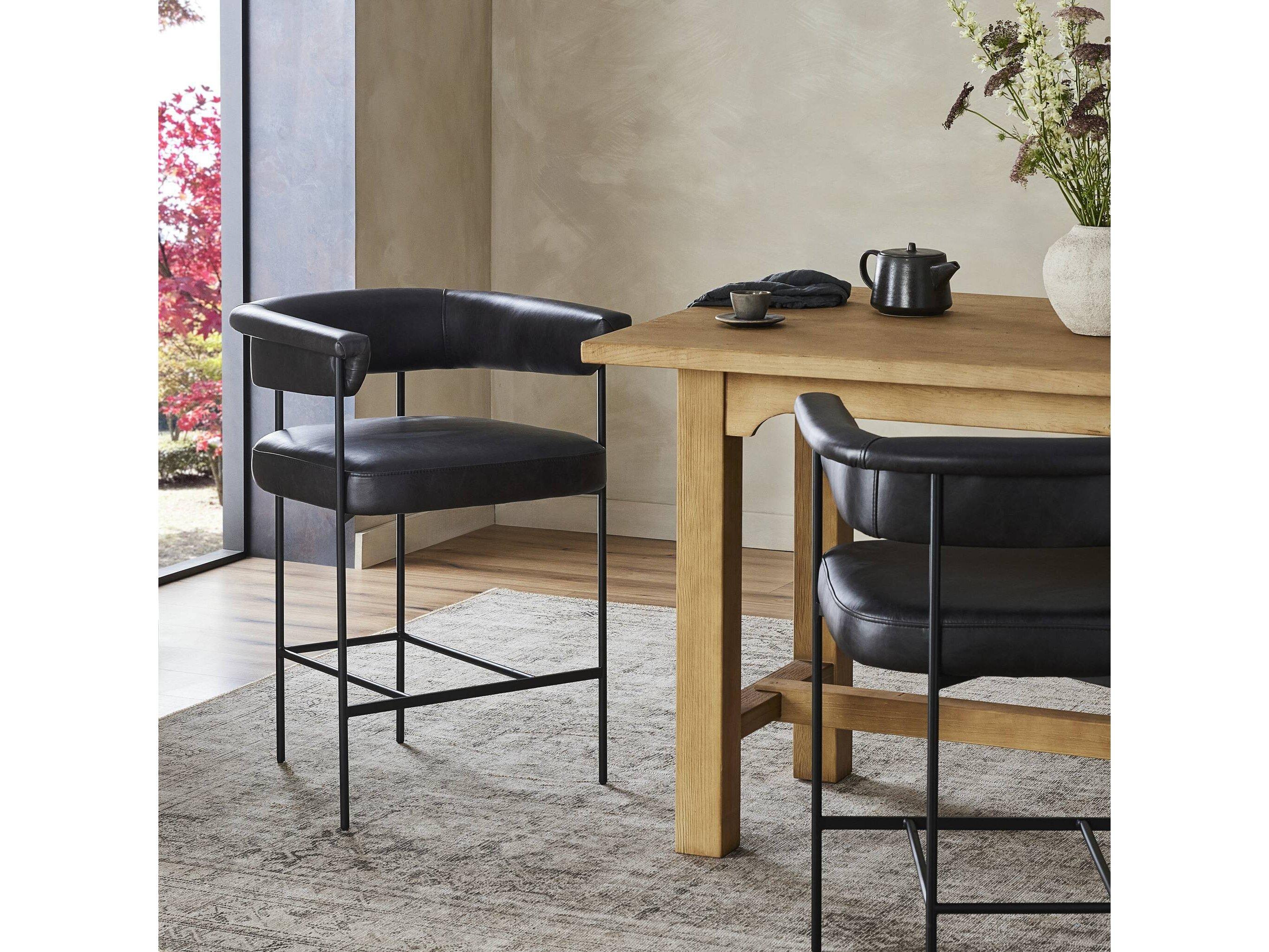 Four Hands Grayson Carrie Leather Sonoma Black Matte Bar Stool