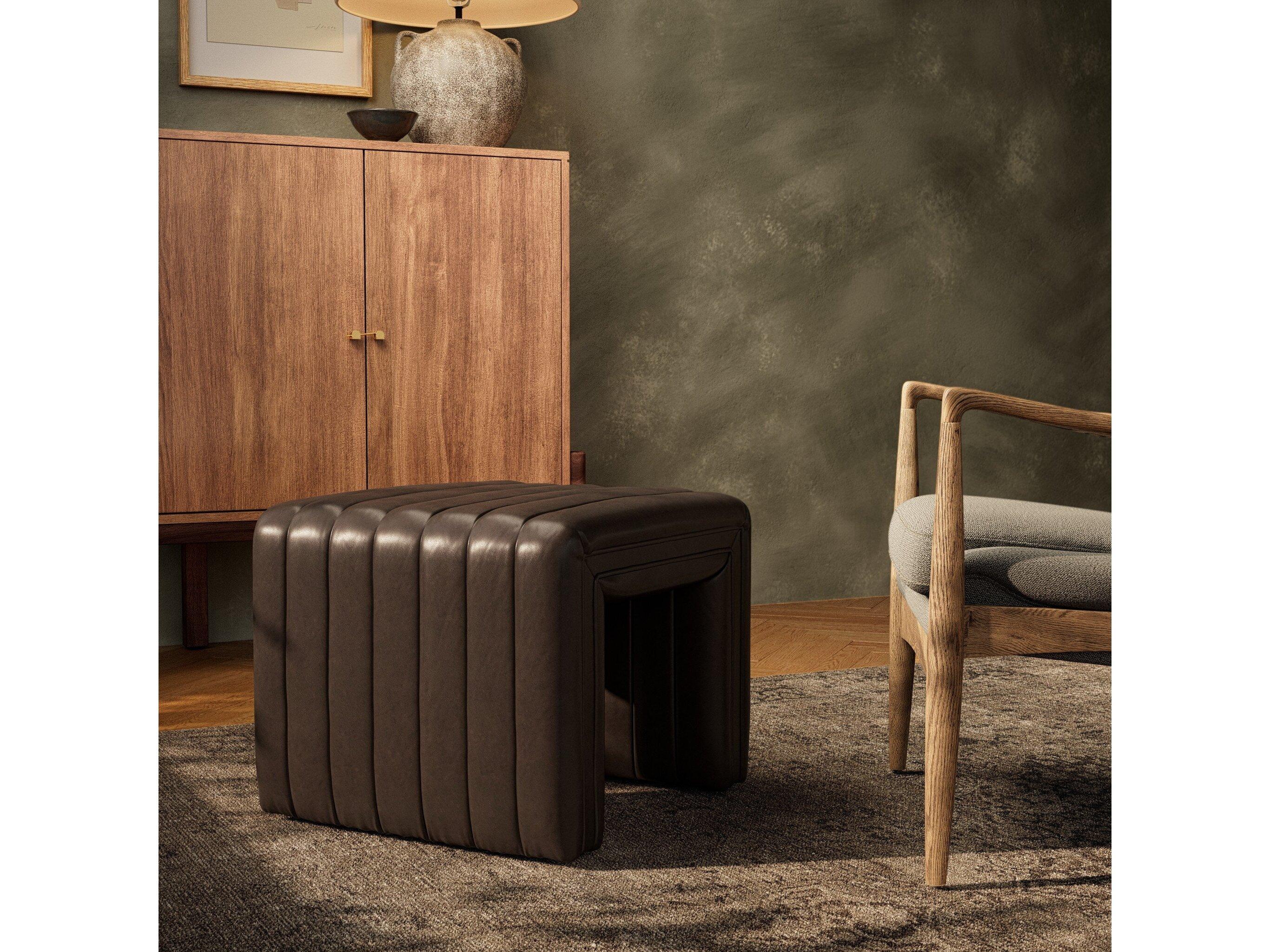 Four Hands Grayson Augustine Deacon Wolf Brown Leather Ottoman