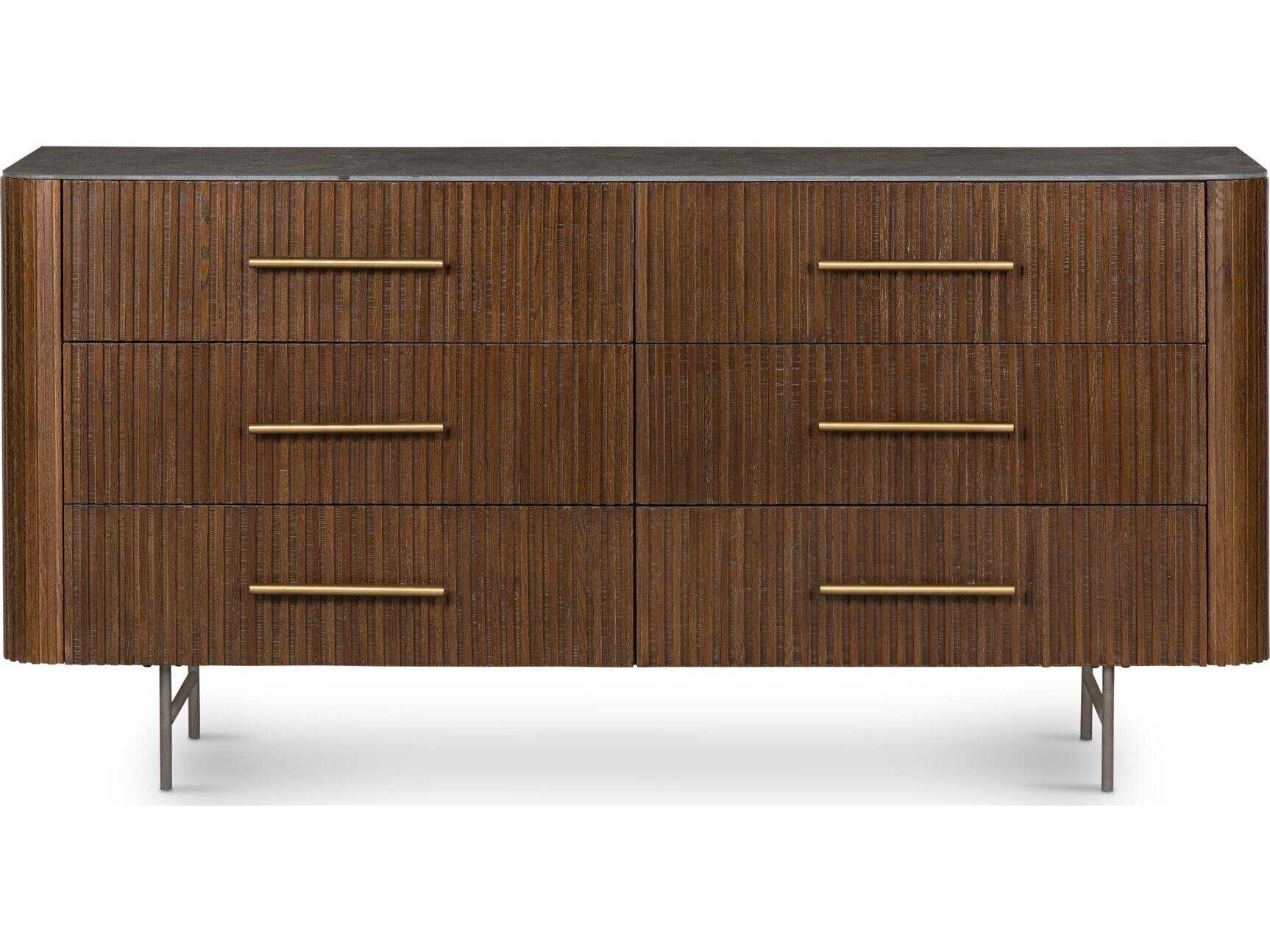 Four Hands Collins Fletcher 6-Drawers Brass Oak Wood Double Dresser