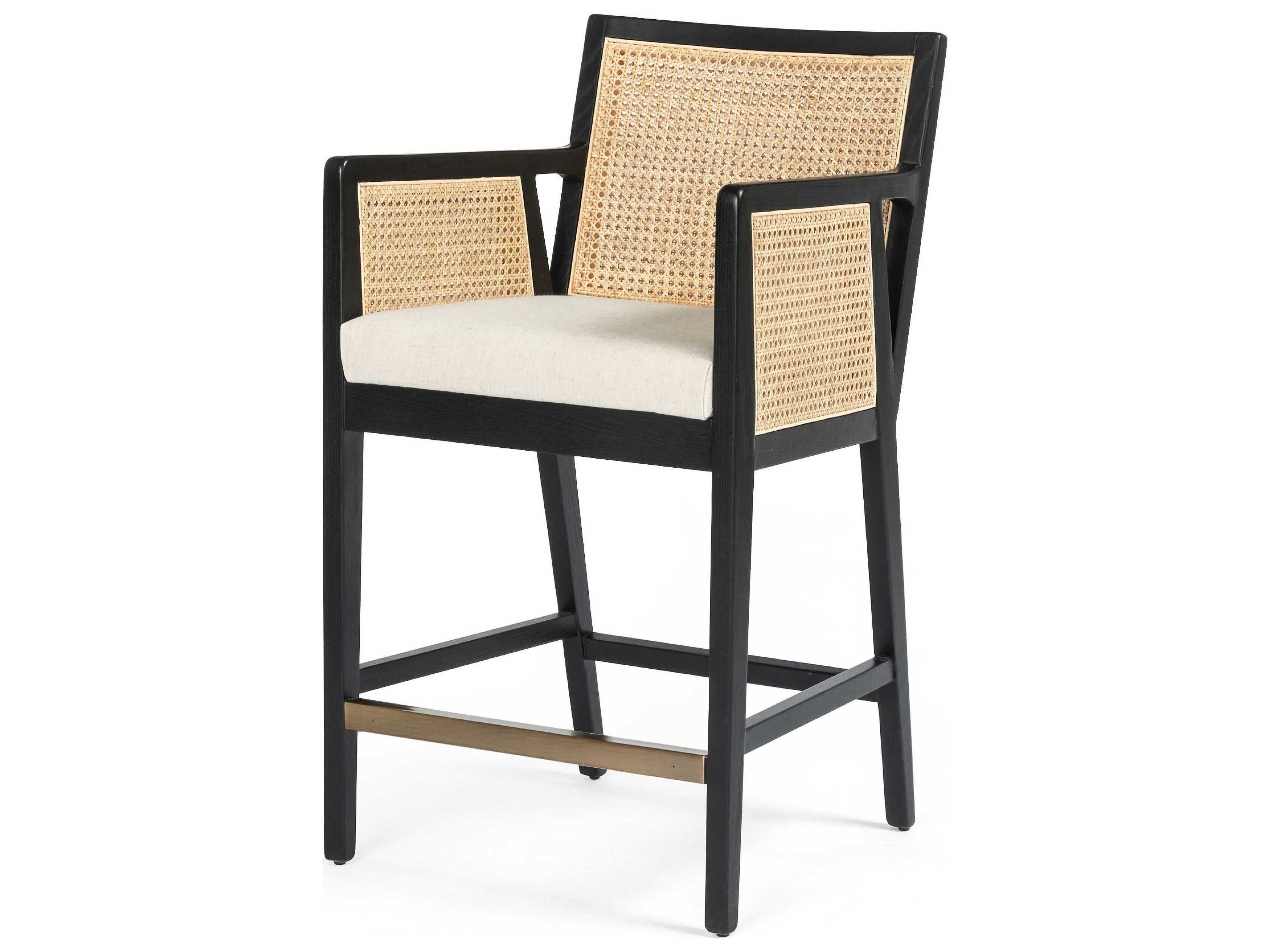 Four Hands Belfast Antonia Upholstered Solid Wood Light Natural Cane Brushed Ebony Brass Kickplate Savile Flax Counter Stool