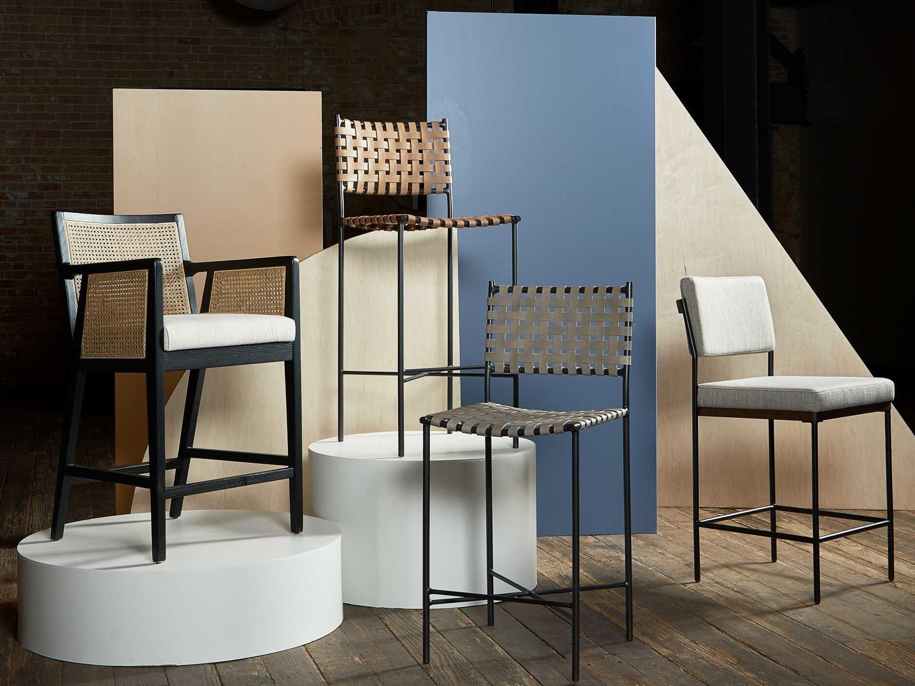 Four Hands Belfast Antonia Upholstered Solid Wood Light Natural Cane Brushed Ebony Brass Kickplate Savile Flax Counter Stool