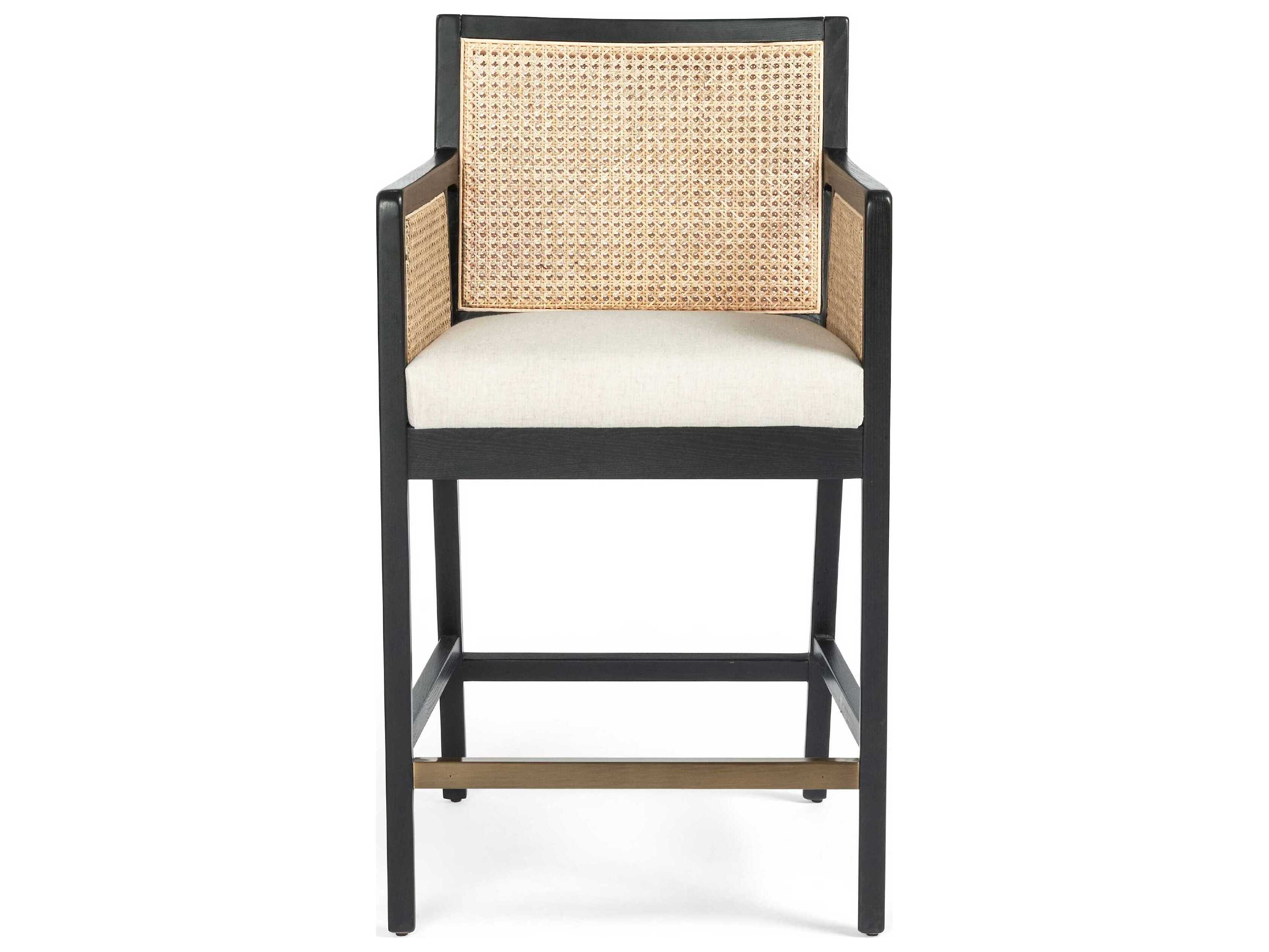 Four Hands Belfast Antonia Upholstered Solid Wood Light Natural Cane Brushed Ebony Brass Kickplate Savile Flax Counter Stool