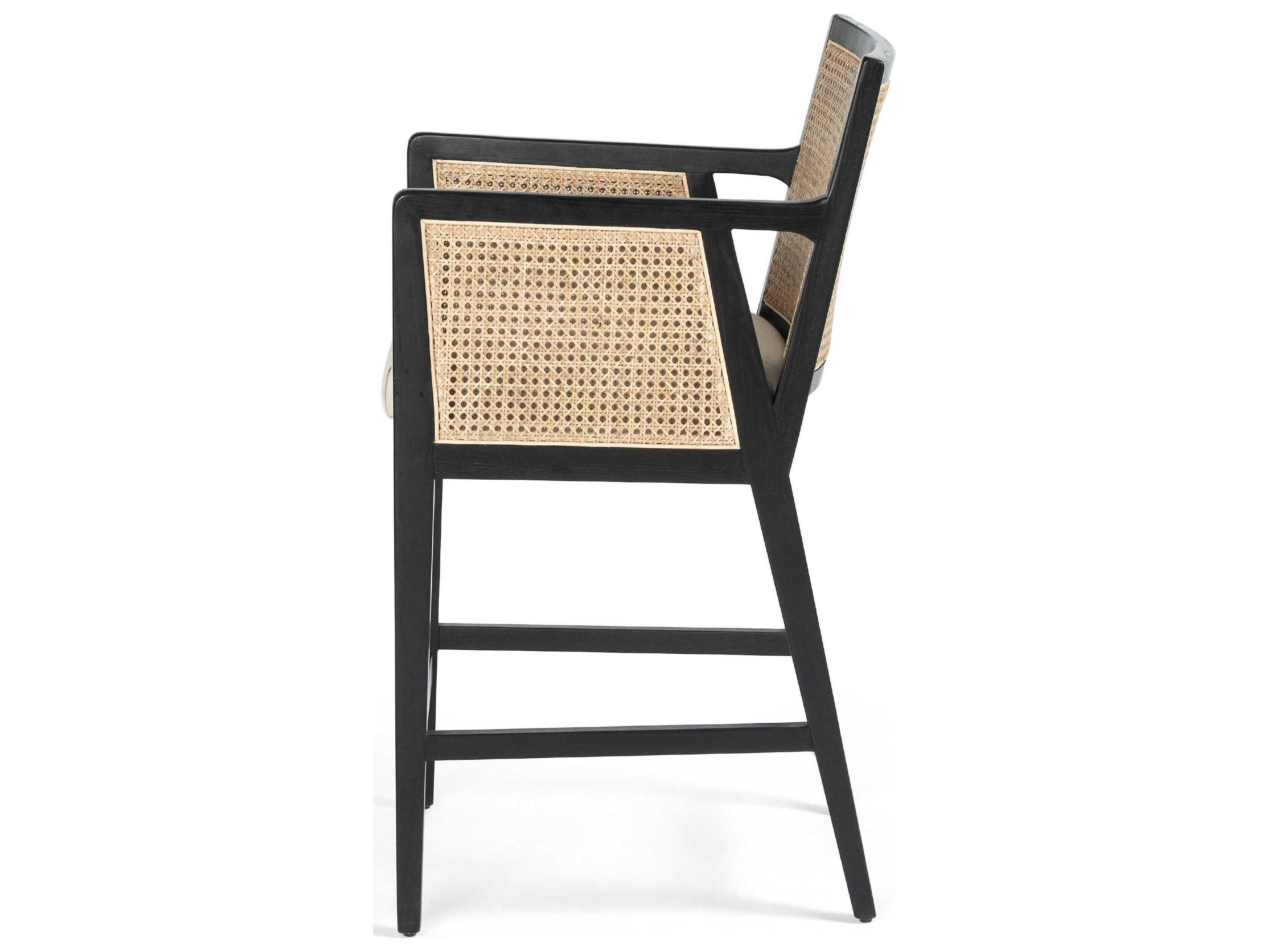 Four Hands Belfast Antonia Upholstered Solid Wood Light Natural Cane Brushed Ebony Brass Kickplate Savile Flax Counter Stool