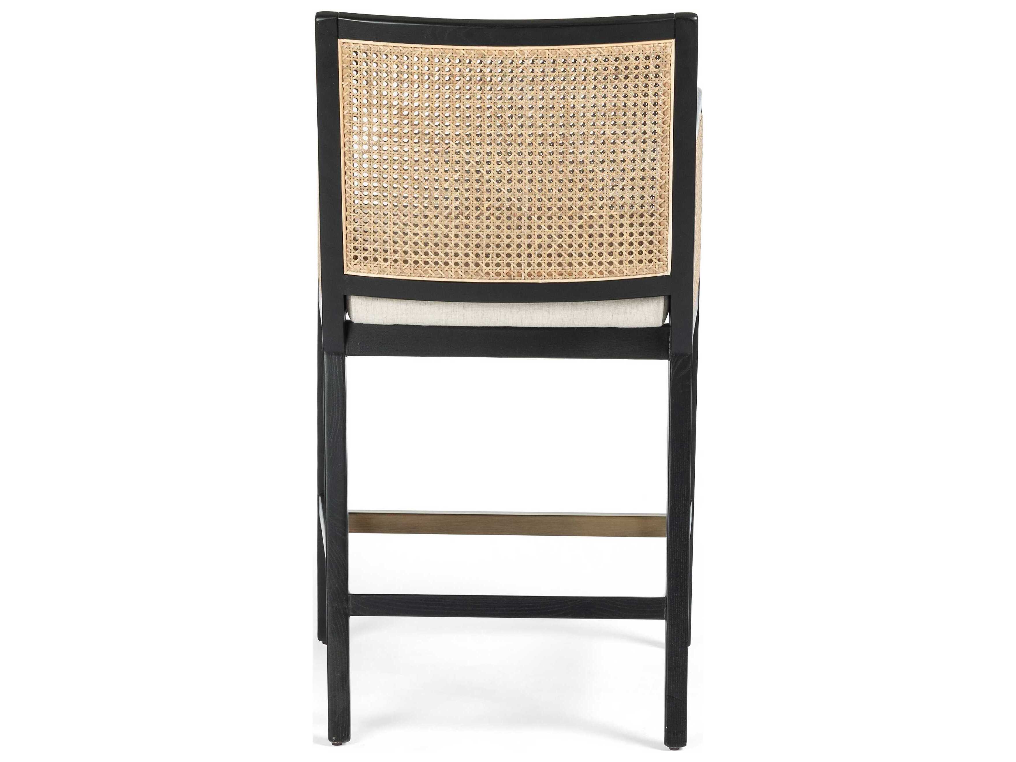Four Hands Belfast Antonia Upholstered Solid Wood Light Natural Cane Brushed Ebony Brass Kickplate Savile Flax Counter Stool